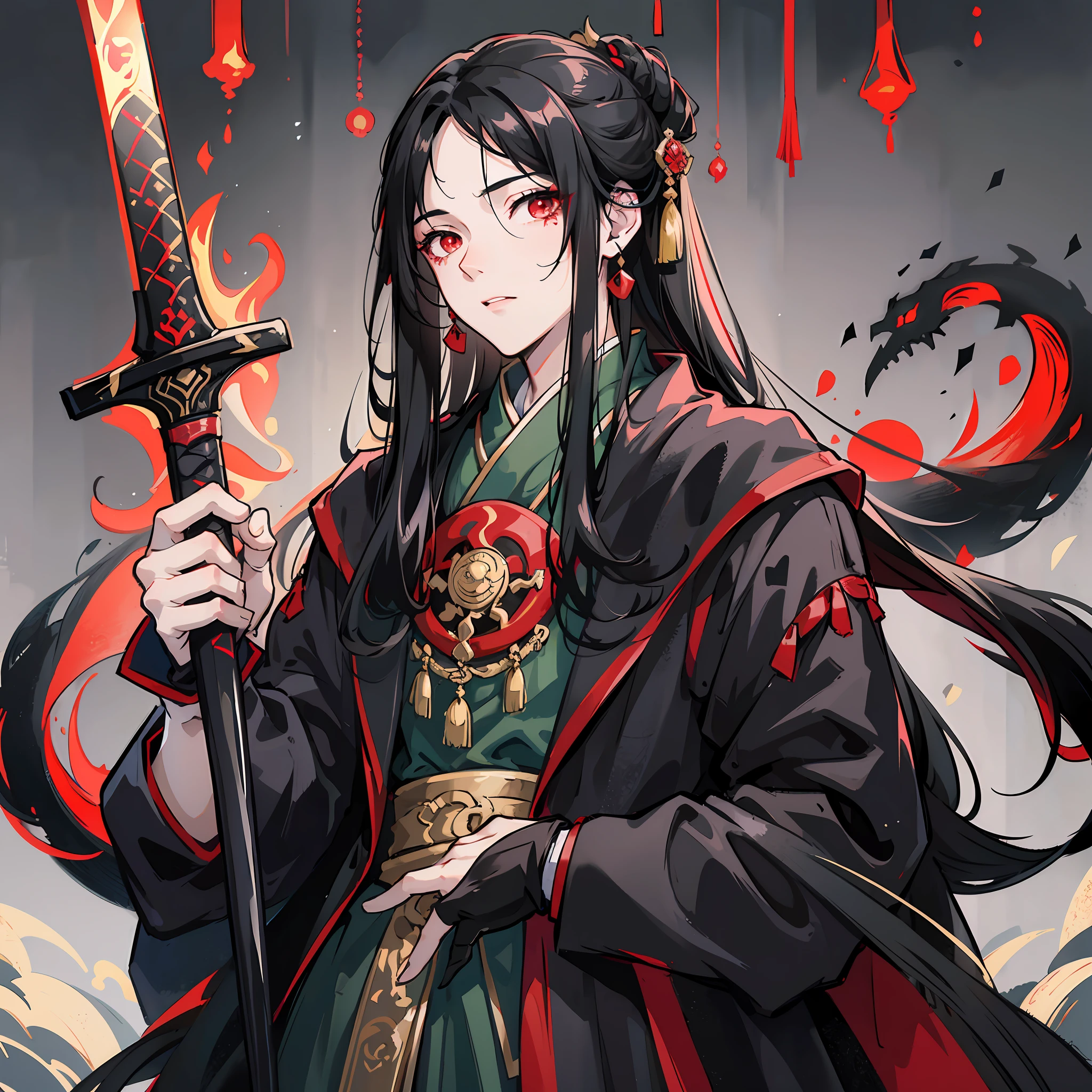 Long black hair, red eyes, faint fluorescence in the eyes, ancient Chinese costume, black python robe, sword, male --auto --s2