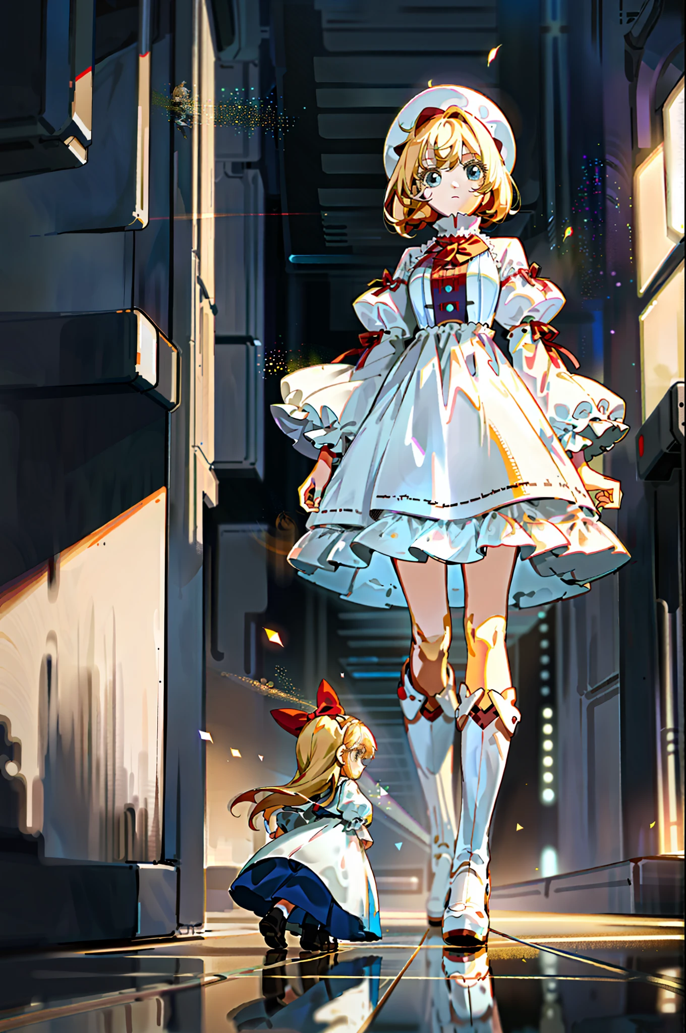 Standing around 150cm tall, there are dolls in white floating around, wearing white sci-fi style dresses, boots, blond hair, and an innocent and cute girl