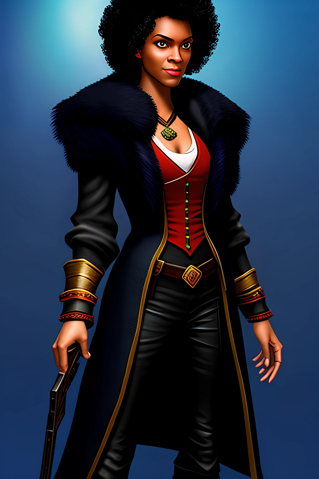 A skinny tall shooter character with Medieval-style black power hair