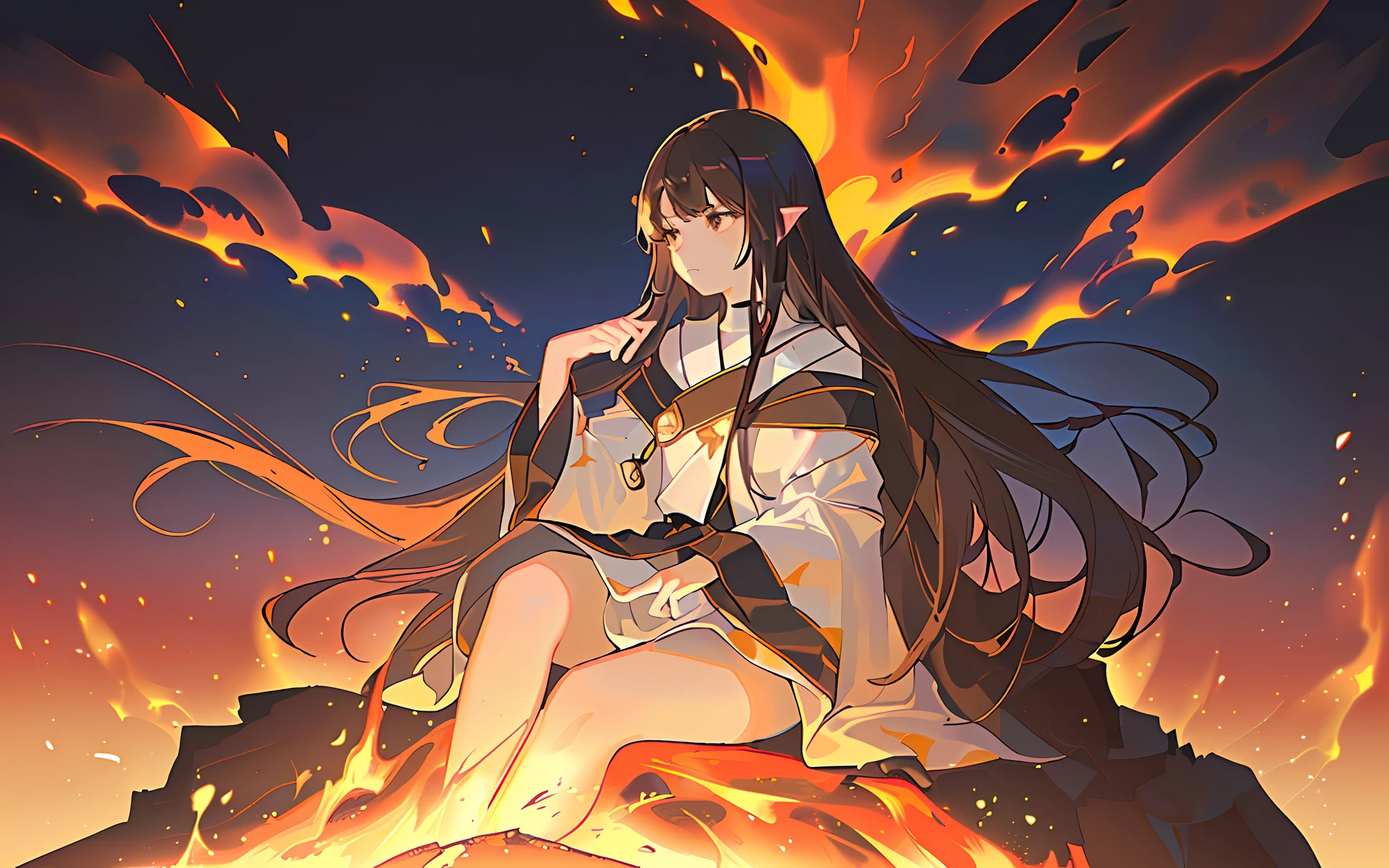 (best quality, masterpiece), (1girl, solo,brown robe, expression face, looking away, sitting, wide sleeves, black eyes, closed mouth, long hair, upper body), (night sky at cave entrance , light rising from the bottom, inside Cave, floating glowing bunch of yellow particles, burning fire at hand, floating many small fires),