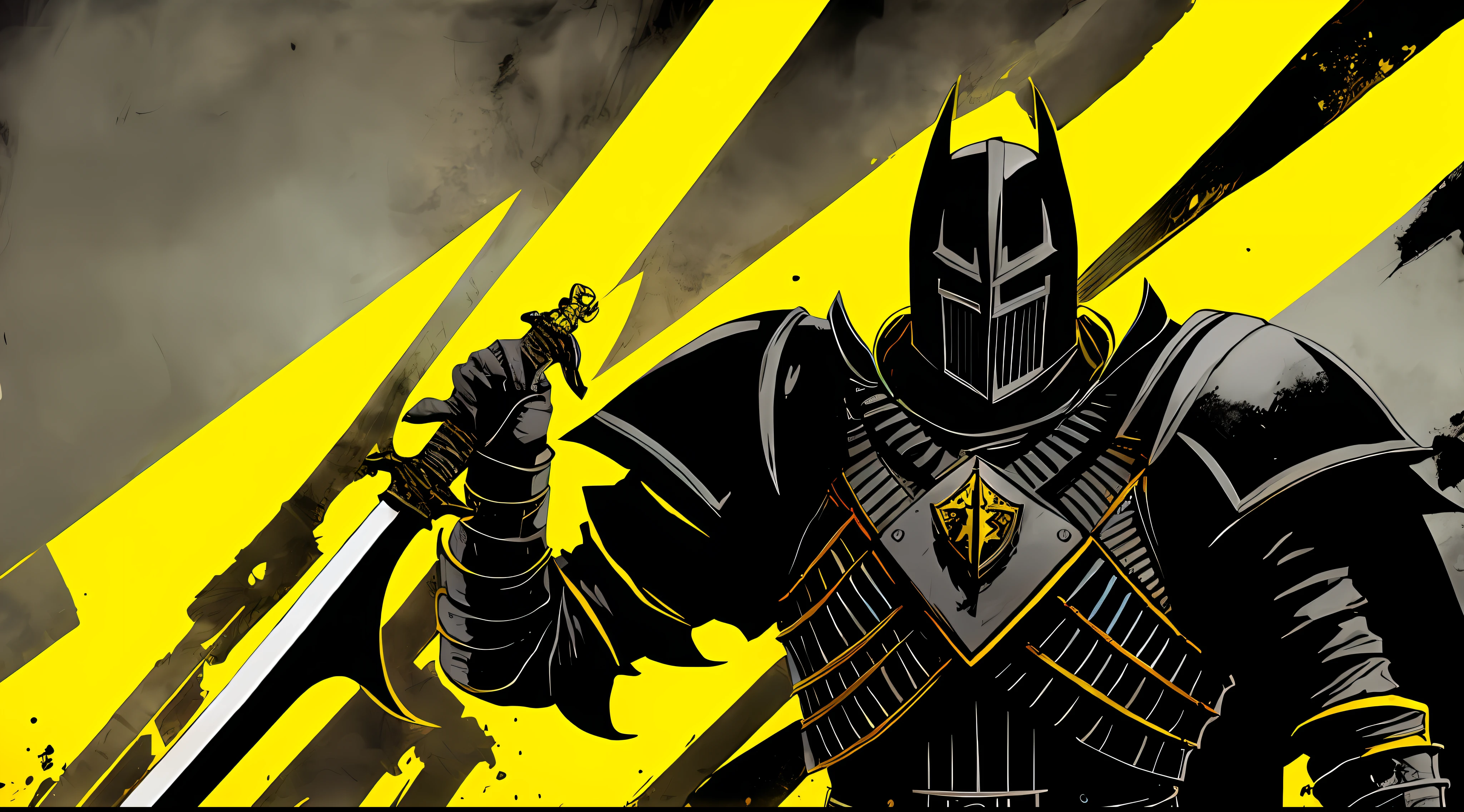yellow and black, a medieval dark knight with a large sword, in the style of Mork Borg, strong contrast, grunge dirty punk splash art, black metal zine