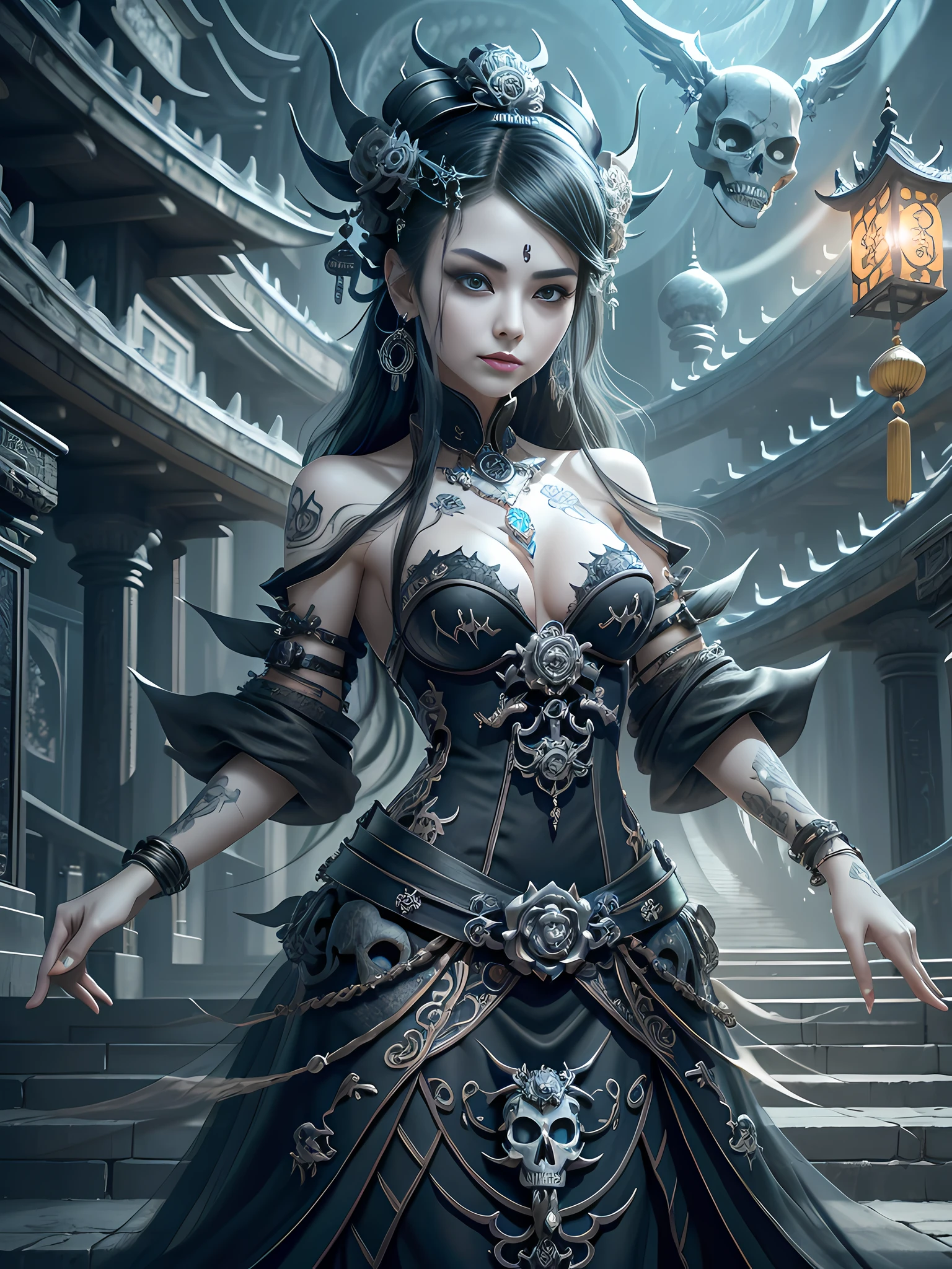 Dark Painting Beautiful Underworld Princess Spooky Bad Smile Tattoo Anime 3D Style 3D Dark Night Black Sky Horror ((Cold Complex Skull Accessories )) (Guvez style artwork) ((Black Chinese-style underground palace with huge complex structure in background))Leica lens Depth of Field (Masterpiece, Top Quality, Best Quality, Official Art, Beauty and Aesthetics: 1.2), (1girl: 1.3), (Fractal Art: 1.3) --V6 --q2 --s1000