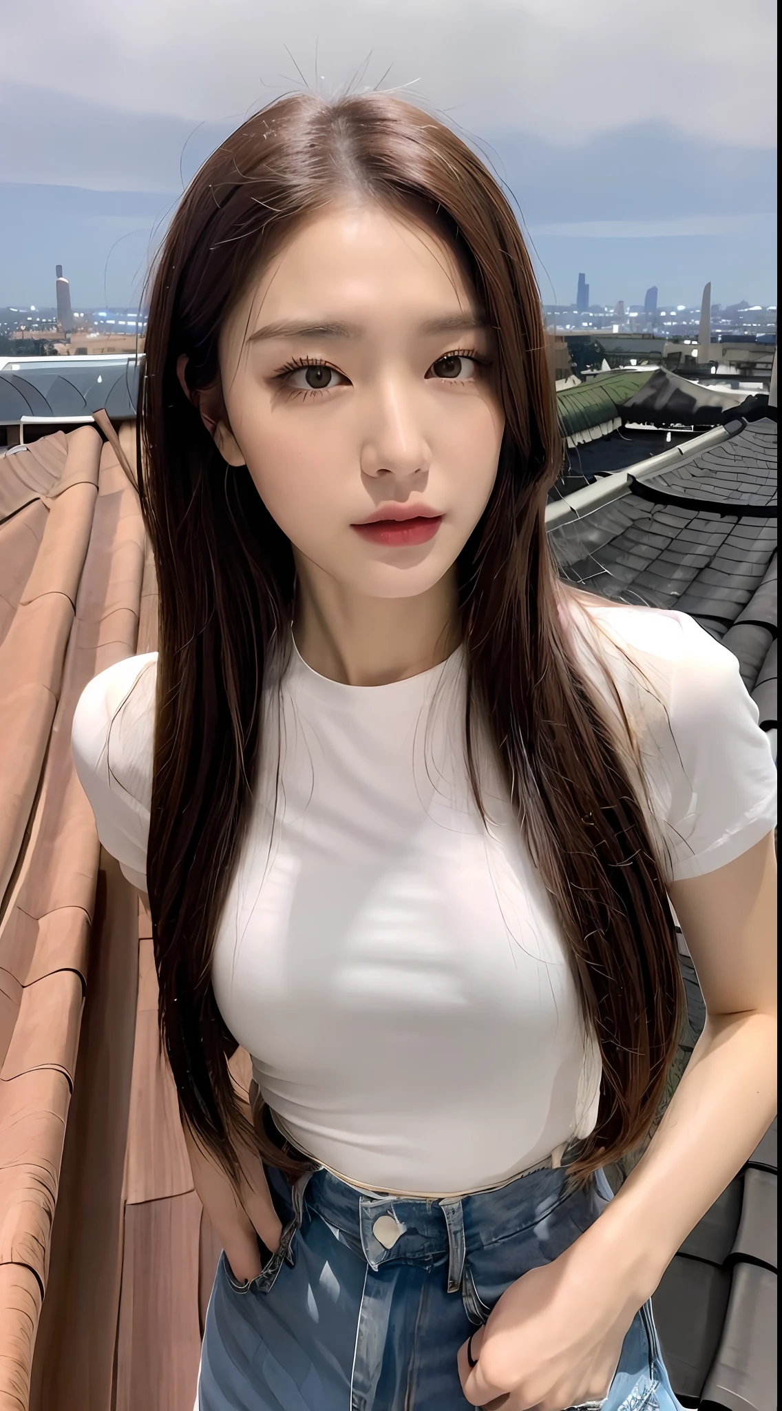 ((Midnight, Best quality, 8k, Masterpiece :1.3)), Whole body, Long legs, Sharp focus :1.2, A pretty woman with perfect figure :1.4, Slender abs :1.1, ((Dark brown hair, Big breasts :1.2)), (White tight tshirt, Jean bib, Standing:1.2), ((Night city view, Rooftop:1.3)), Highly detailed face and skin texture, Detailed eyes, Double eyelid