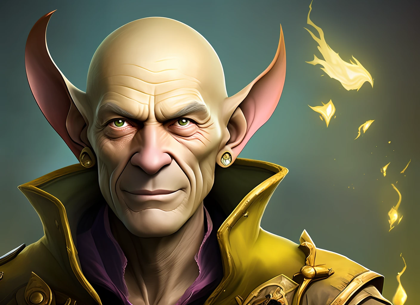 67-year-old man, yellow skin, pointed ears, flicky chin, postured and alchemist