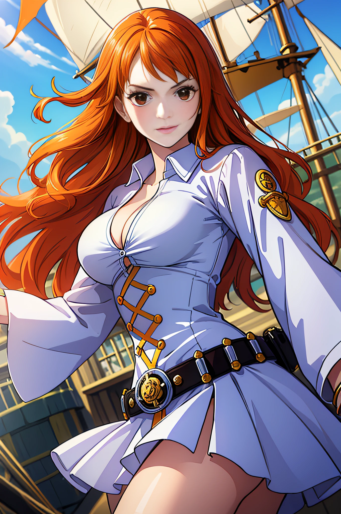 (((masterpiece+best quality+high resolution+ultra-detailed))), 1girl with clima-tact, Nami, long silky orange hair, high nose, sharp eyes, noble and inviolable temperament, (([female]: 1.2 + [beauty]: 1.2 + orange long hair: 1.2)), pirate ship background, blue sky, clouds, bracelets, white long sleeve mini dress and donned another belt, bright eyes, dynamic angle and posture.