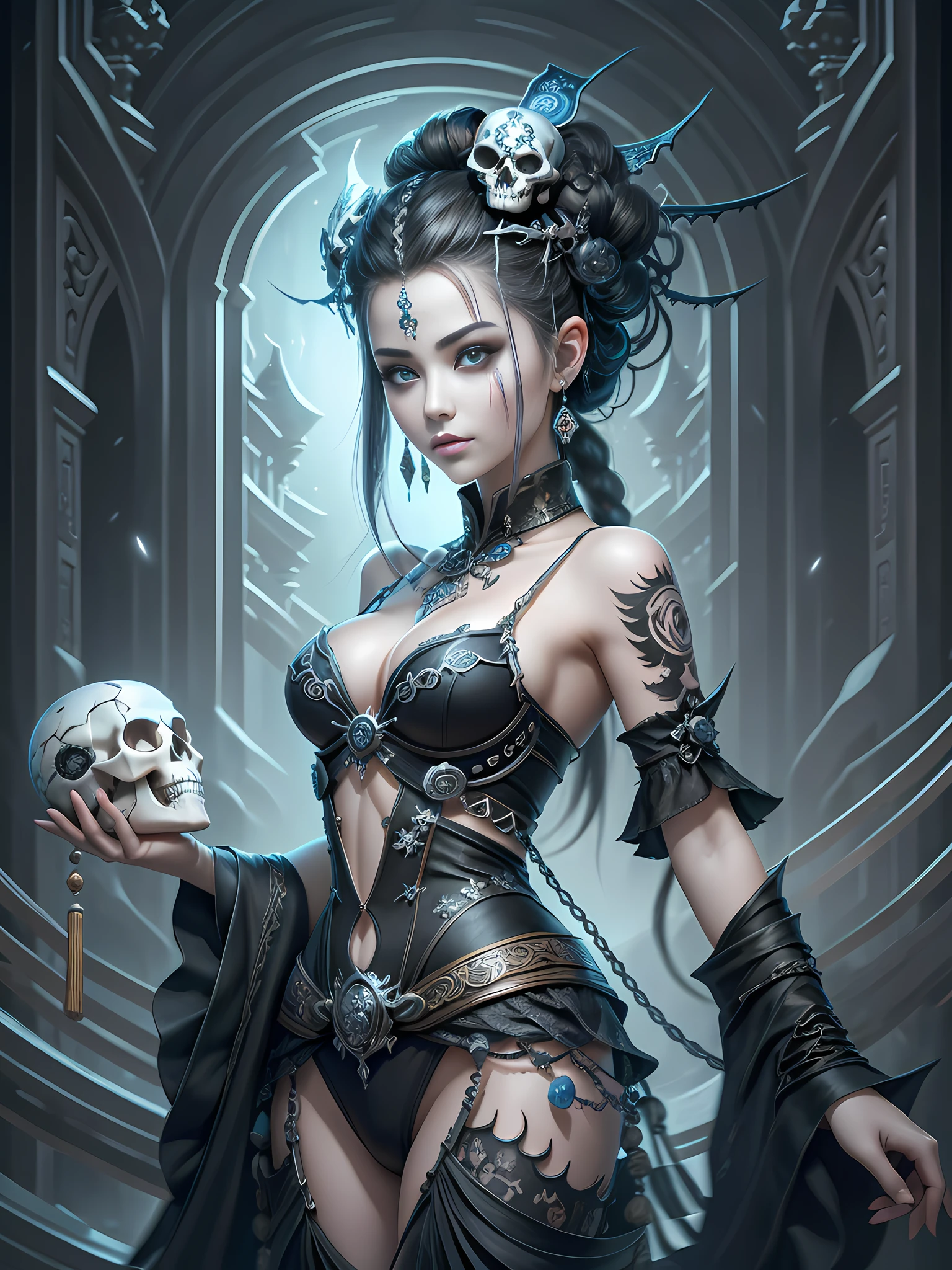 Dark Painting Beautiful Underworld Princess Spooky Bad Smile Tattoo Anime 3D Style 3D Dark Night Black Sky Horror ((Cold Complex Skull Accessories )) (Guvez style artwork) ((Black Chinese-style underground palace with huge complex structure in background))Leica lens Depth of Field (Masterpiece, Top Quality, Best Quality, Official Art, Beauty and Aesthetics: 1.2), (1girl: 1.3), (Fractal Art: 1.3) --V6 --q2 --s1000