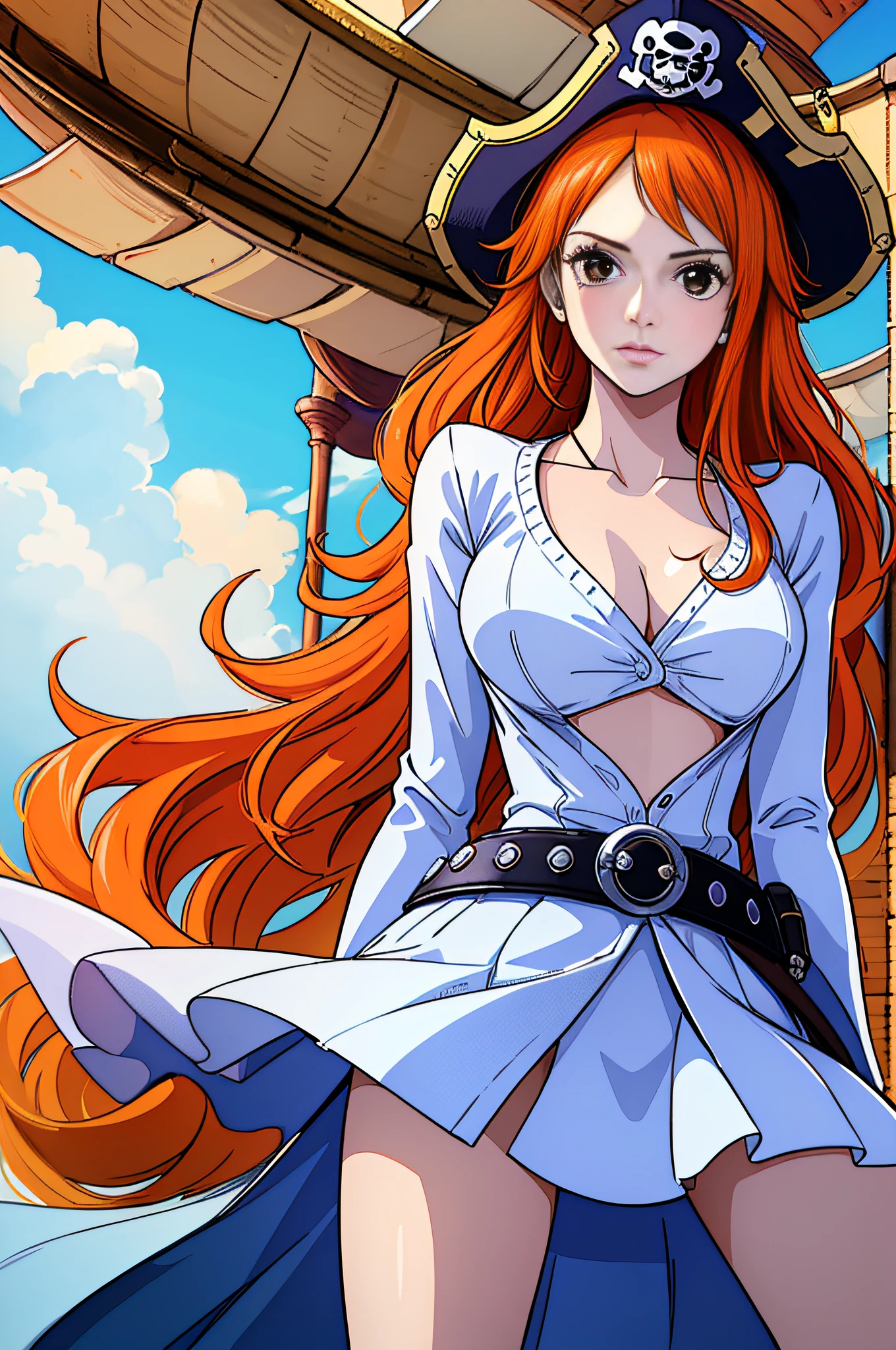 (((masterpiece+best quality+high resolution+ultra-detailed))), 1girl with clima-tact, Nami, long silky orange hair, high nose, sharp eyes, noble and inviolable temperament, (([female]: 1.2 + [beauty]: 1.2 + orange long hair: 1.2)), pirate ship background, blue sky, clouds, bracelets, white long sleeve mini dress and donned another belt, bright eyes, dynamic angle and posture.