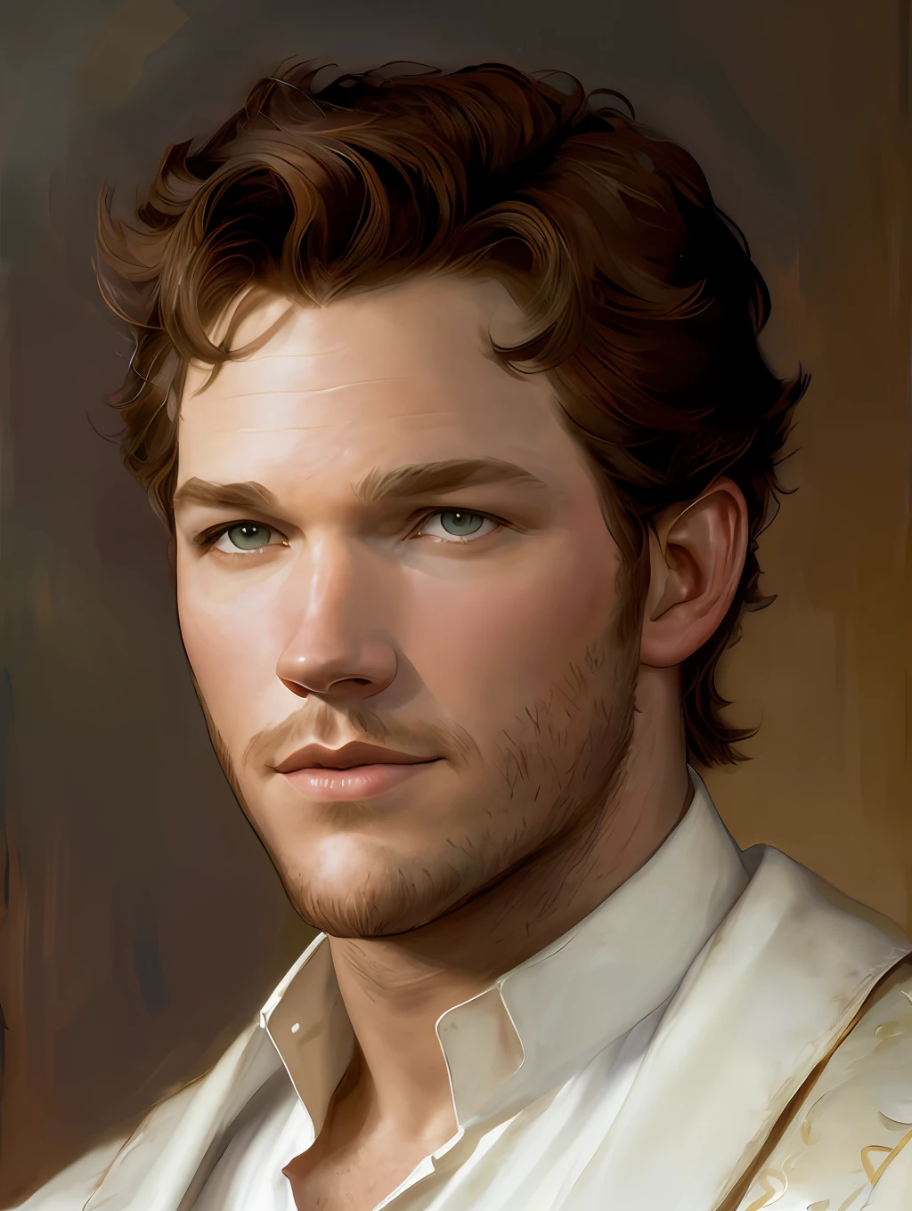 (Masterpiece) Chris Pratt as an insanely handsome middle-age man, red skin, black short messy hair, hazel eyes, perfect face, extremely handsome man, big Greek nose, nice lips, biblical, gospel, digital painting, watercolor painting oil, painterly, by Jeremy Lipking, by Antonio J. Manzanedo, Alphonse Mucha, Fuller Graves, Bartolome Esteban Murillo, JC Leyendecker, Craig Mullins, Peter Paul Rubens Detailed Painting, CGSetivity, ArtStation HD, High Detail, Photorealism, Concept Art, ArtStation HD, official art, trend in the artstation, 8k.