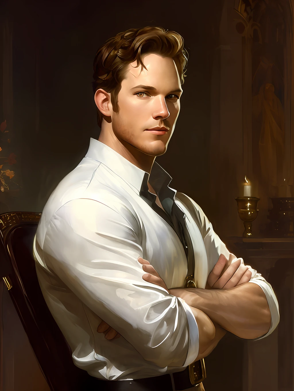 (Masterpiece) Chris Pratt as an insanely handsome middle-age man, red skin, black short messy hair, hazel eyes, perfect face, extremely handsome man, big Greek nose, nice lips, biblical, gospel, digital painting, watercolor painting oil, painterly, by Jeremy Lipking, by Antonio J. Manzanedo, Alphonse Mucha, Fuller Graves, Bartolome Esteban Murillo, JC Leyendecker, Craig Mullins, Peter Paul Rubens Detailed Painting, CGSetivity, ArtStation HD, High Detail, Photorealism, Concept Art, ArtStation HD, official art, trend in the artstation, 8k.