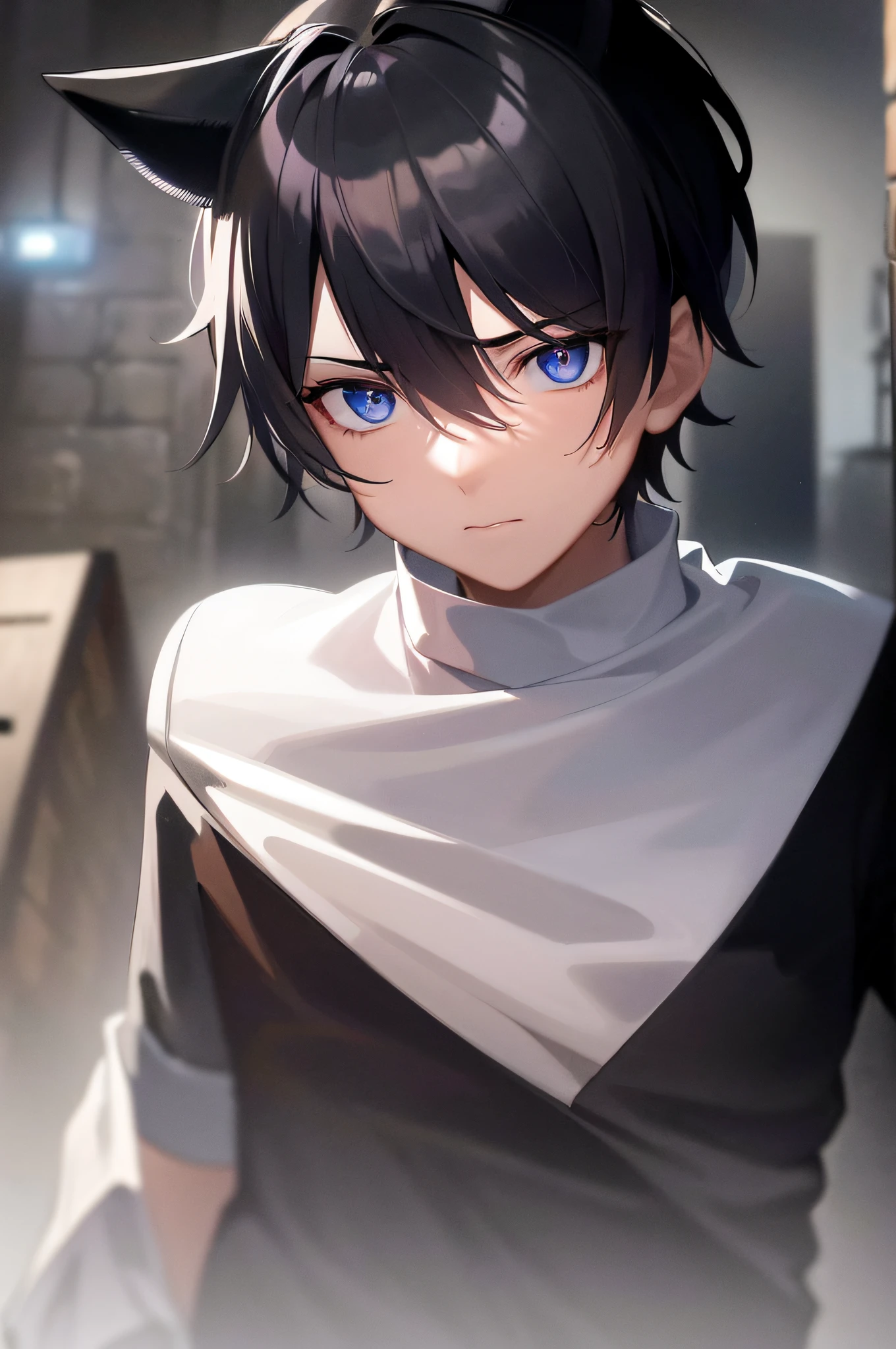 ((A male:1.2)), ((man:1.2)), white T-shirt, first-person view, glaring, Face Shot, Cold light, An exquisitely detailed and beautifully rendered CG artwork featuring the epic, blue-eyed protagonist Gojou Satoru gazing directly at the viewer while standing at the deserted warehouses, blue eyes, (short black hair:1.2),bandage on face, ((fake dog ears:1.2)), (dark alleys:1.2), (the loneliness of a future world:1.2), ((White shirt:1.2)), styled with a captivating hairdo,  helpless loneliness,    accentuated with bangs and hair between eyes, highlighting his distinctive and stylish black and short hair, This dynamic composition expertly showcases his strong male focus, in a manner that captivates and intrigues viewers