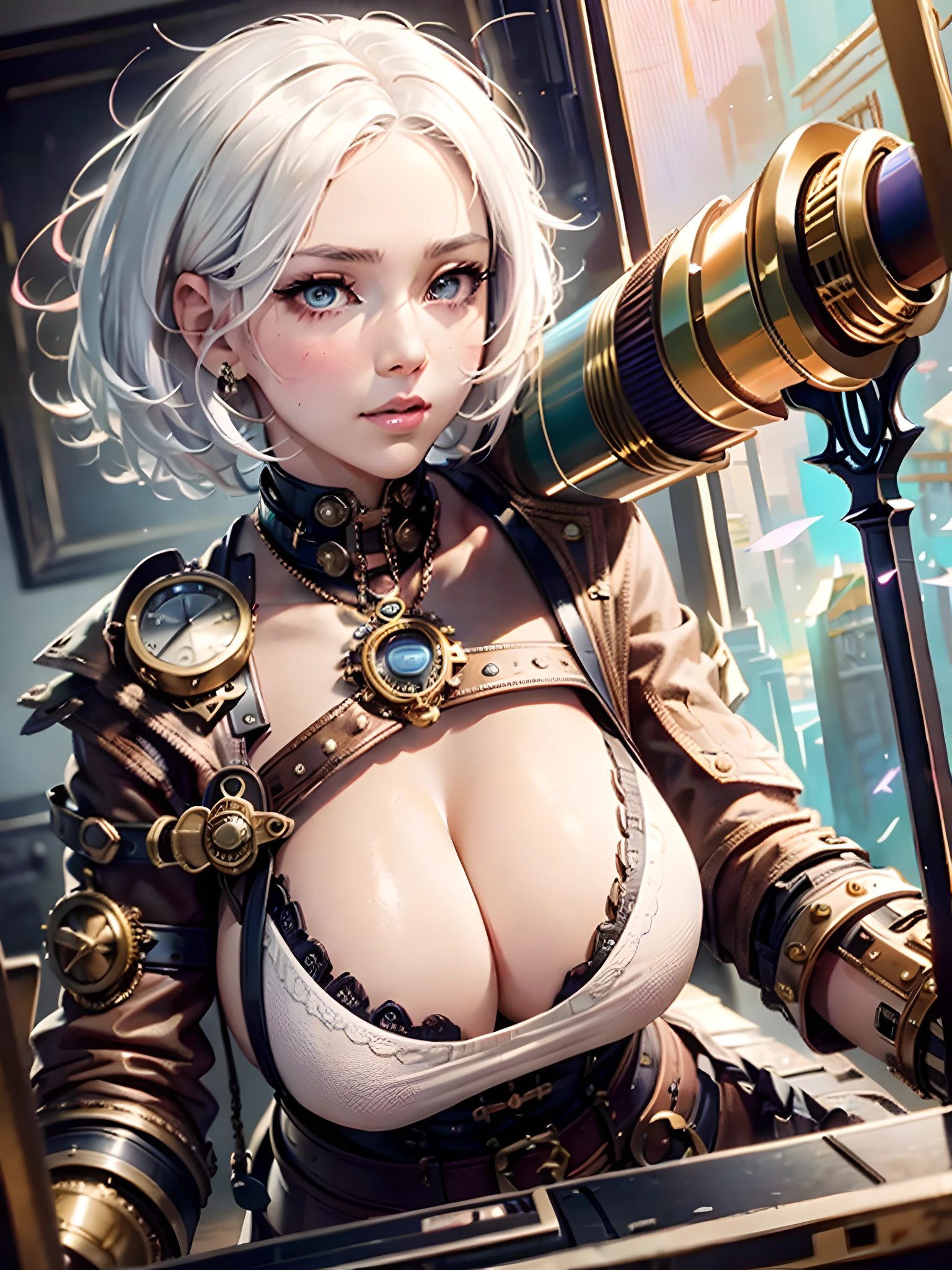 a close up of a woman with a large breast holding a sword, steampunk beautiful anime woman, 2. 5 d cgi anime fantasy artwork, artwork in the style of guweiz, extremely detailed artgerm, artgerm. anime illustration, guweiz on artstation pixiv, detailed digital anime art, fanart best artstation, artgerm. high detail