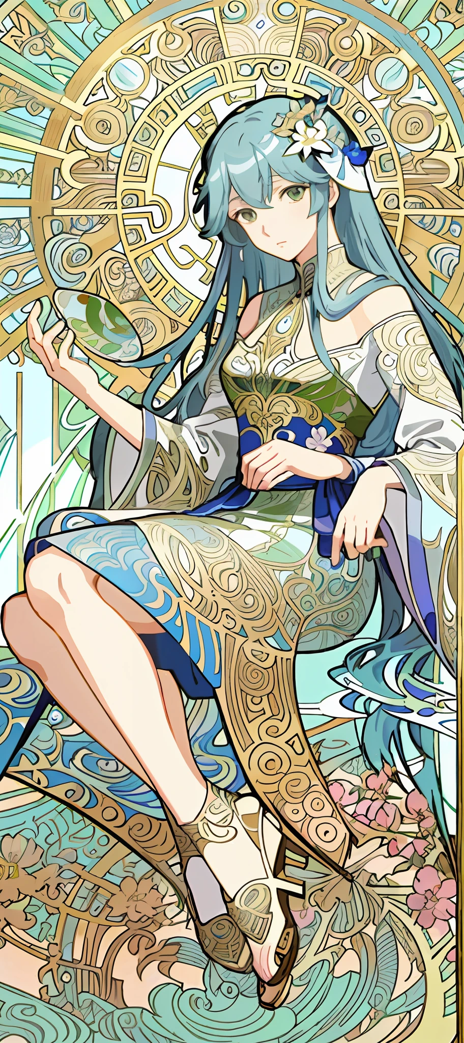 a painting of a woman sitting on a chair with flowers, anime art nouveau, alphonse mucha and rossdraws, alphonse mucha style, korean art nouveau anime, flat shading mucha, in style of alphonse mucha, demura and alphonse mucha, anime art nouveau cosmic display, inspired by Alfonse Mucha, mucha style, flat cel shading mucha