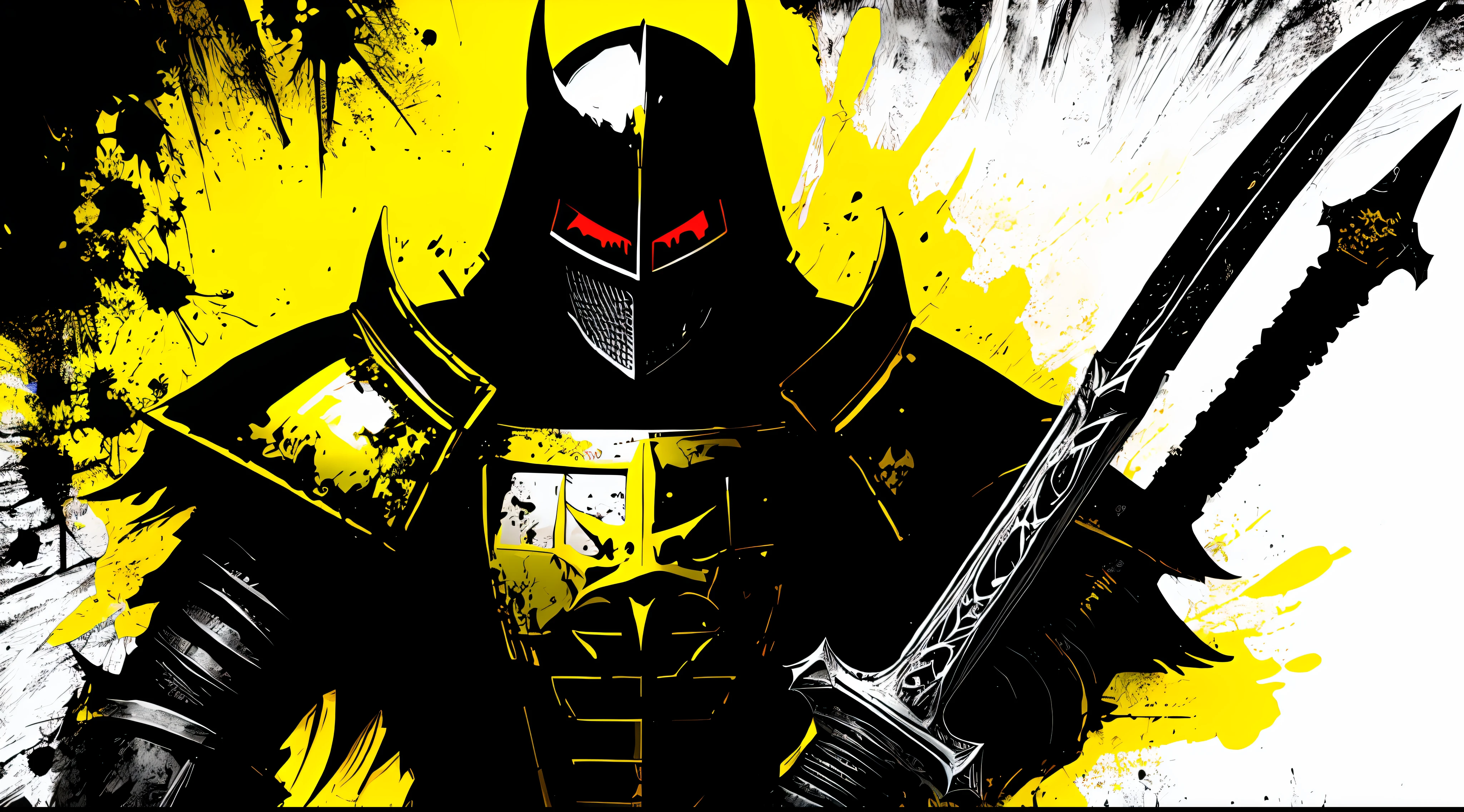 yellow and black, a medieval dark knight with a large sword, in the style of Mork Borg, strong contrast, grunge dirty punk splash art, black metal zine