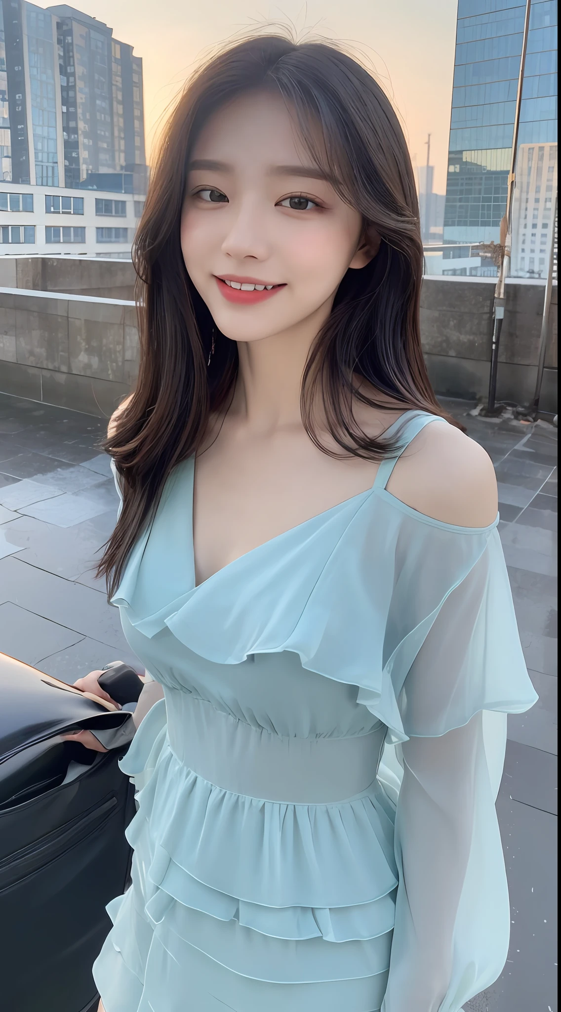 ((Best Quality, 8K, Masterpiece: 1.3)), Focus: 1.2, Perfect Body Beauty: 1.5, : 1.5, ((Layered Haircut, Chest: 1.2)), (Wet Clothes: 1.1), (Night, Rooftop: 1.3), Bando Dress: 1.1, Highly Detailed Face and Skin Texture, Narrow Eyes, Double Eyelids, Whitening Skin, Long Hair, (Shut Up: 1.3), Smile