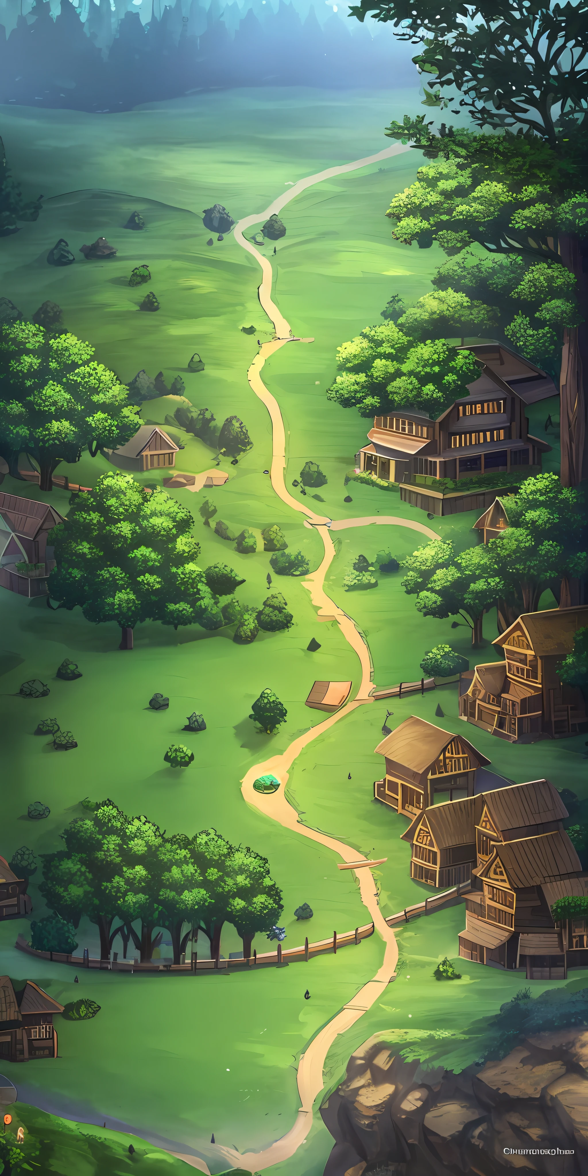 "Tabletop rpg map, of a village surrounded by a dense and mysterious forest, with high quality, incredible details and engaging atmosphere. Add dramatic lighting elements and shadows to increase the immersion of the scene." The path leads to a house