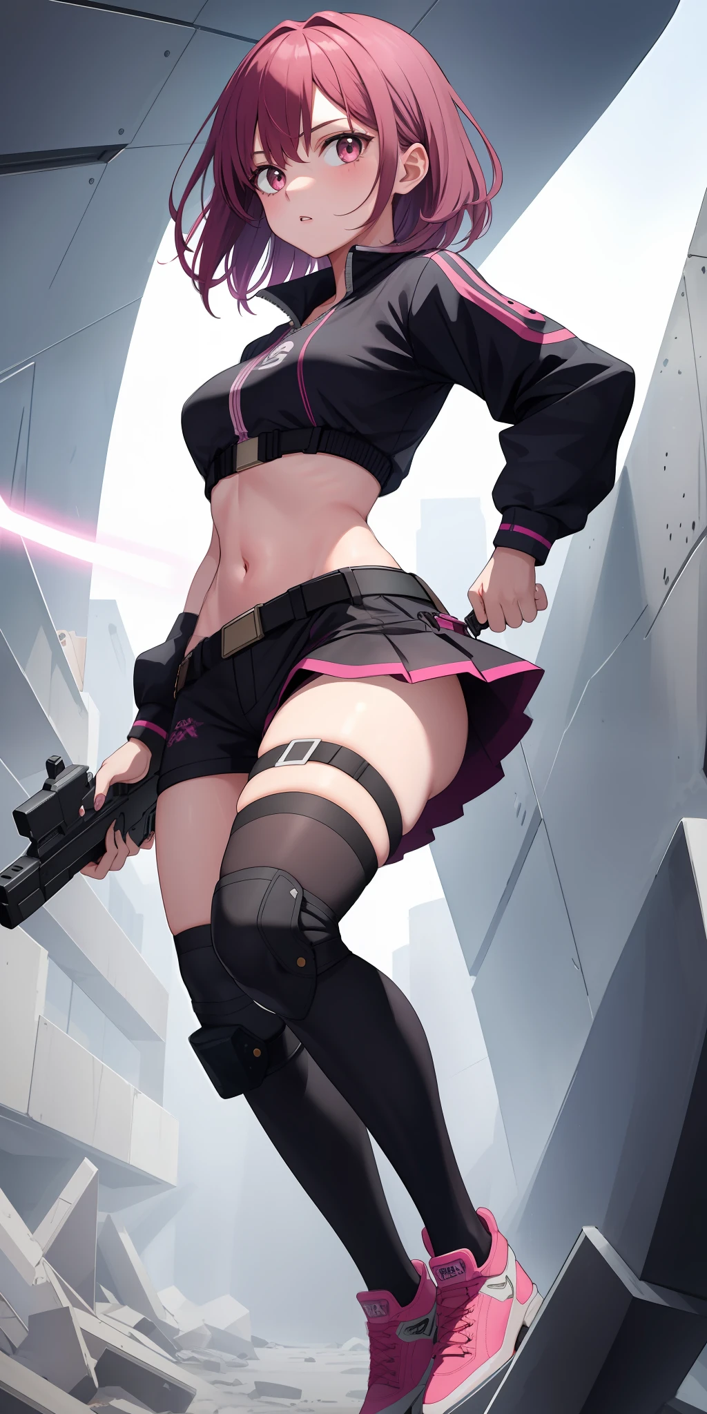 1girl, has dark pink hair, has sharp ice brown eyes, give accurate facial features, give accurate hands, accurate legs, HD , thighs appears , has a shooting ability , small boobs appears ,holding a pistol , has a gun