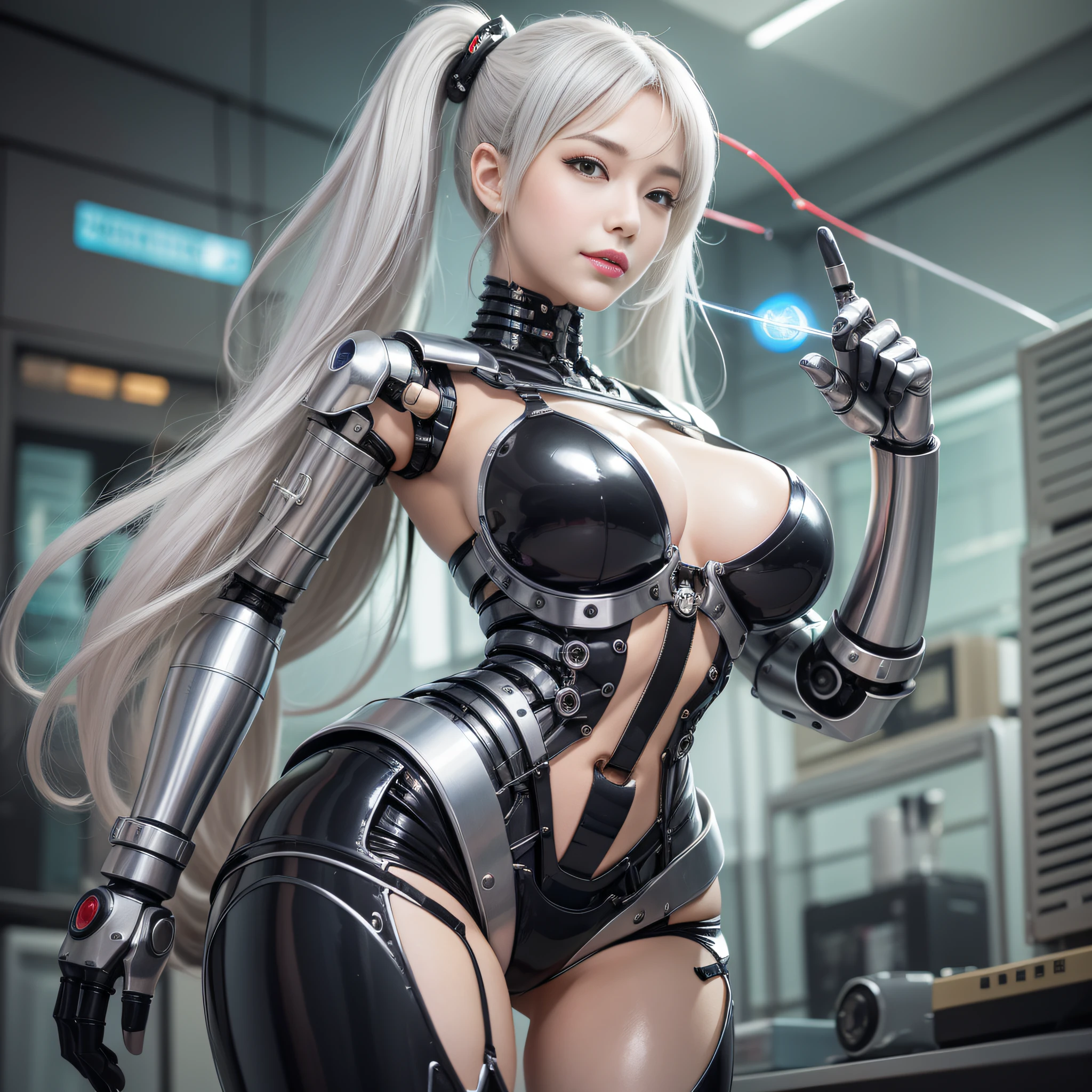 Beautiful Face,face is Japan, 1 Woman, Big, Curvaceous, (16k, RAW photo, top quality, masterpiece: 1.2), (HDR, Realistic, Photorealistic: 1.37) (tube attached to the body), (Bikini Cyborg robot parts)))), (light gray hair), Long hair, Wavy hair, Twin tails, Medium shot, ( Seductive smile)), (black eyes), princess cut,from below,(whole body),posing,,in the lab,( tube connected to blood vessel),((mechanical vertebrae attached to the back)),((mechanical neck attached to the neck)),(wire cable attached to the head and body),(character focus),science fiction,perfect female figure,perfect anatomy,ultraanatomy, Full body shot, up to 4 fingers and 1 thumb relationship,