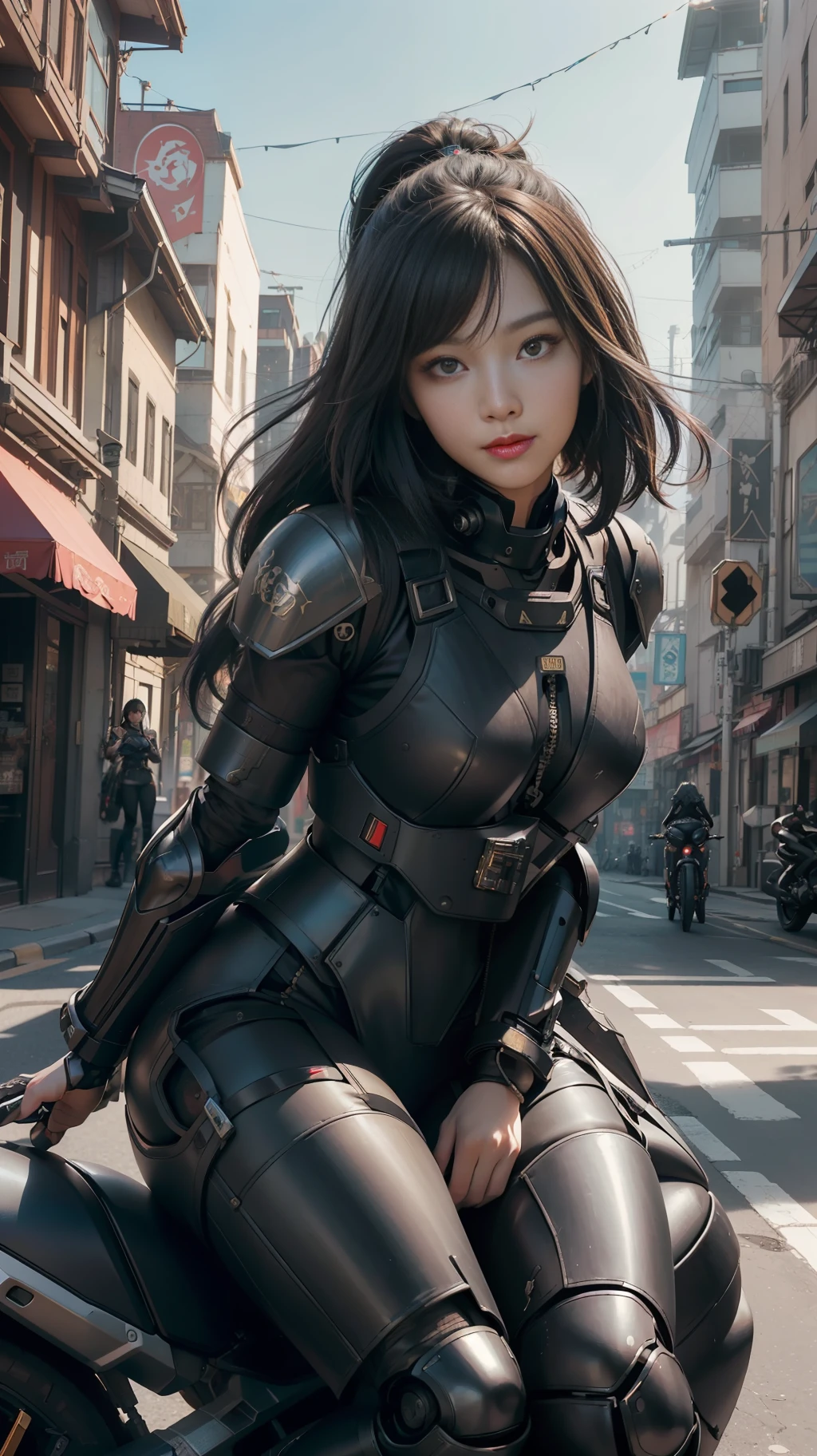 Beautiful hyperrealistic photograph of cute smiling asian cyberpunk female, (((wearing black full heavy mecha armor, combat harness))) shapeless cyberpunk hairstyle, (((sitting on motorcycle pose))), city street background, abstract beauty, near perfection, pure form, Golden Ratio, concept art, By Brian Froud and Carne Griffiths and Wadim Kashin, intricate detail, 8k post-production, High resolution, super Detail, trending on ArtStation, sharp focus, studio photos, intricate detail, Very detailed, By Greg Rutkowski
