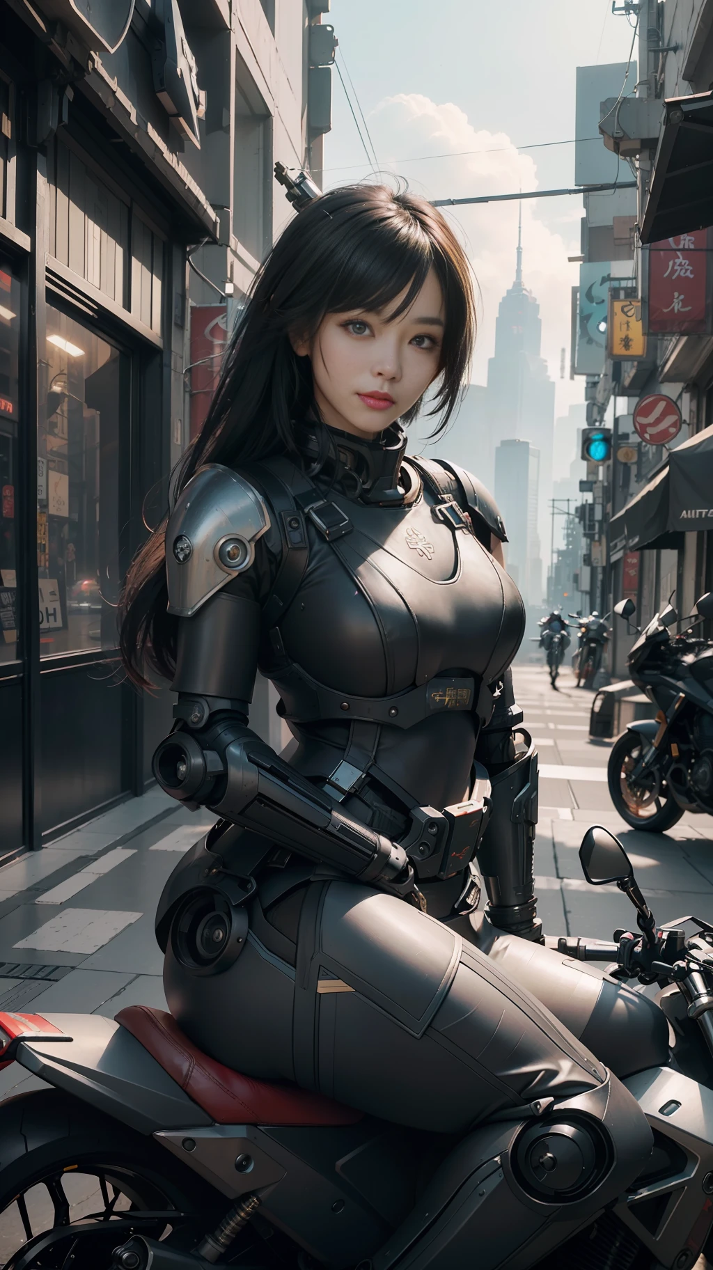 Beautiful hyperrealistic photograph of cute smiling asian cyberpunk female, (((wearing black full heavy mecha armor, combat harness))) shapeless cyberpunk hairstyle, (((sitting on motorcycle pose))), city street background, abstract beauty, near perfection, pure form, Golden Ratio, concept art, By Brian Froud and Carne Griffiths and Wadim Kashin, intricate detail, 8k post-production, High resolution, super Detail, trending on ArtStation, sharp focus, studio photos, intricate detail, Very detailed, By Greg Rutkowski