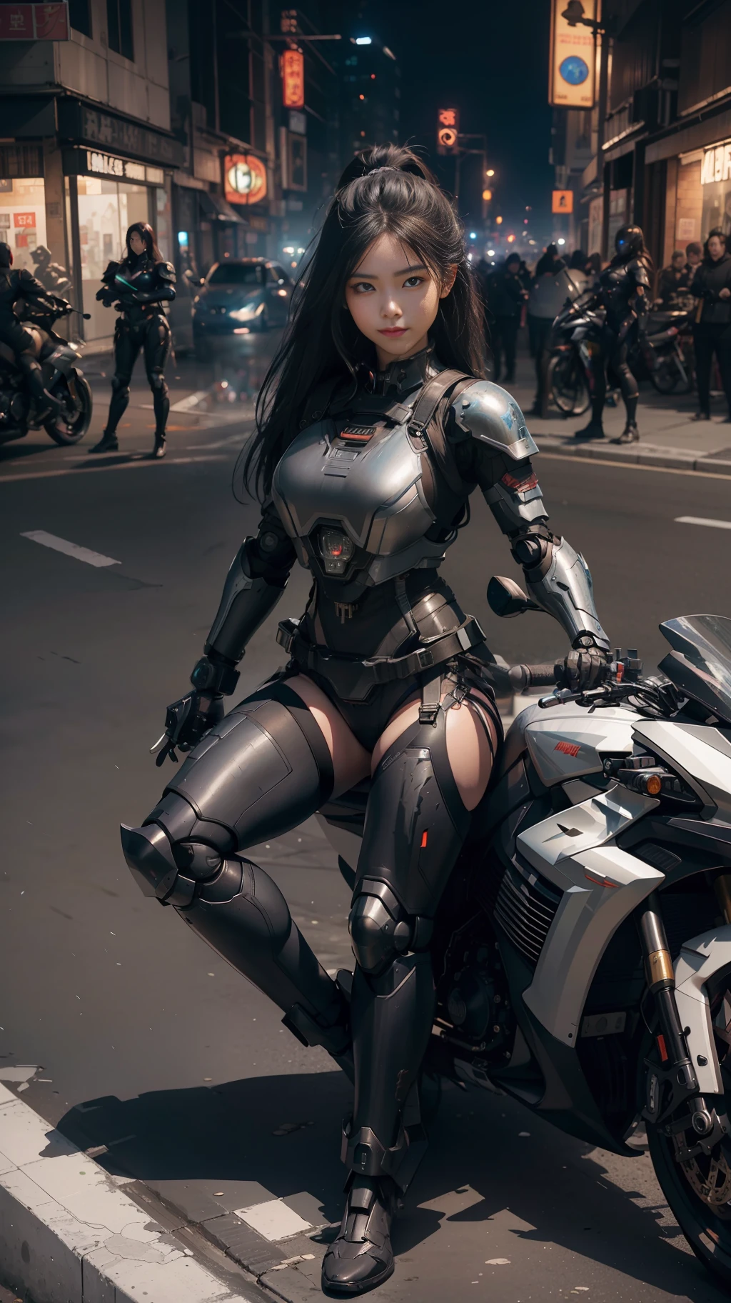Beautiful hyperrealistic photograph of cute smiling asian cyberpunk female, (((wearing black full heavy mecha armor, combat harness))) shapeless cyberpunk hairstyle, (((sitting on motorcycle pose))), city street background, abstract beauty, near perfection, pure form, Golden Ratio, concept art, By Brian Froud and Carne Griffiths and Wadim Kashin, intricate detail, 8k post-production, High resolution, super Detail, trending on ArtStation, sharp focus, studio photos, intricate detail, Very detailed, By Greg Rutkowski