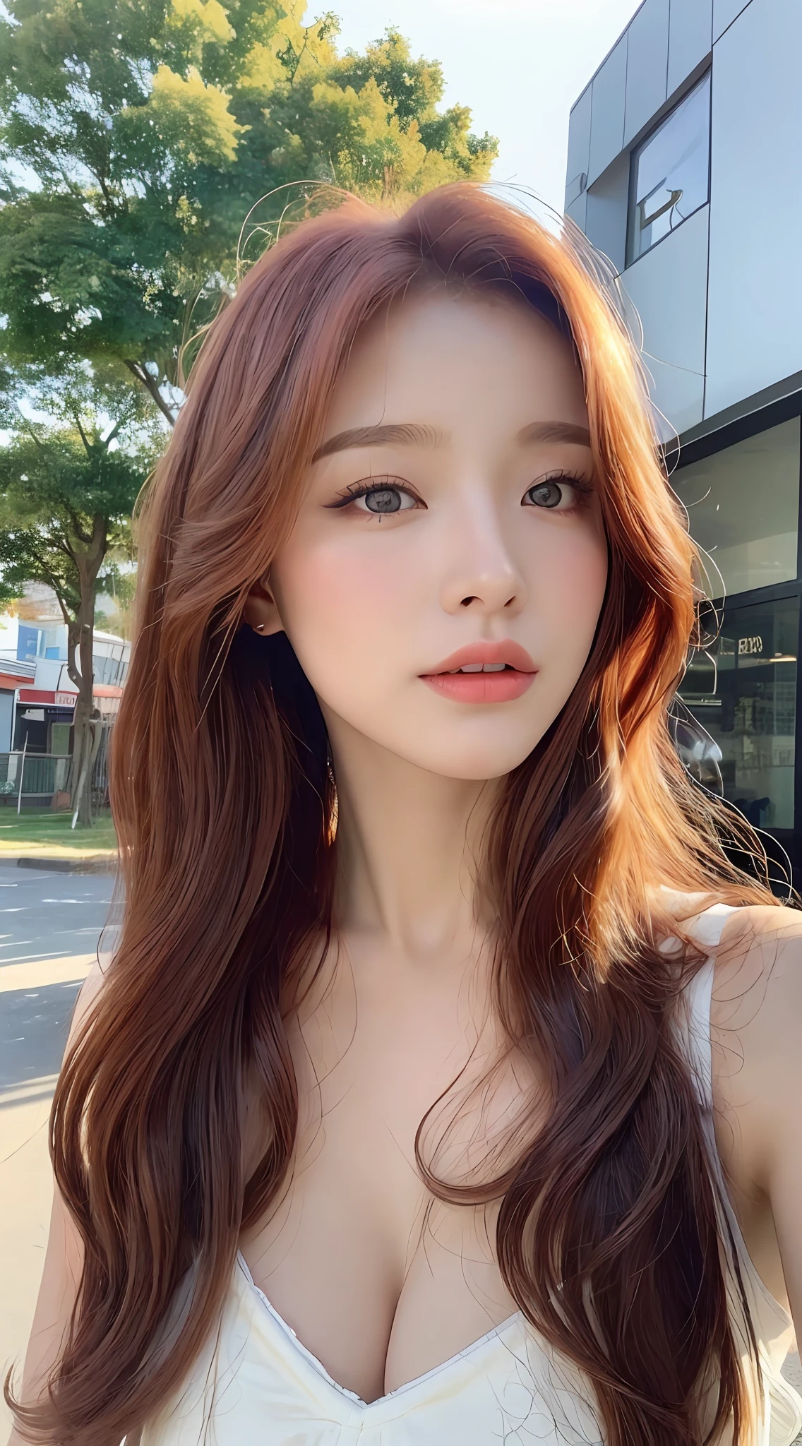 ((Realistic lighting, Best quality, 8K, Masterpiece: 1.3)), Clear focus: 1.2, 1girl, Perfect body beauty: 1.4, Slim abs: 1.1, ((Red hair, Milk: 1.3)), cowgirl pose, (Outdoor, daytime: 1.1), country street, super fine face, fine eyes, double eyelids, curly hair, fair skin