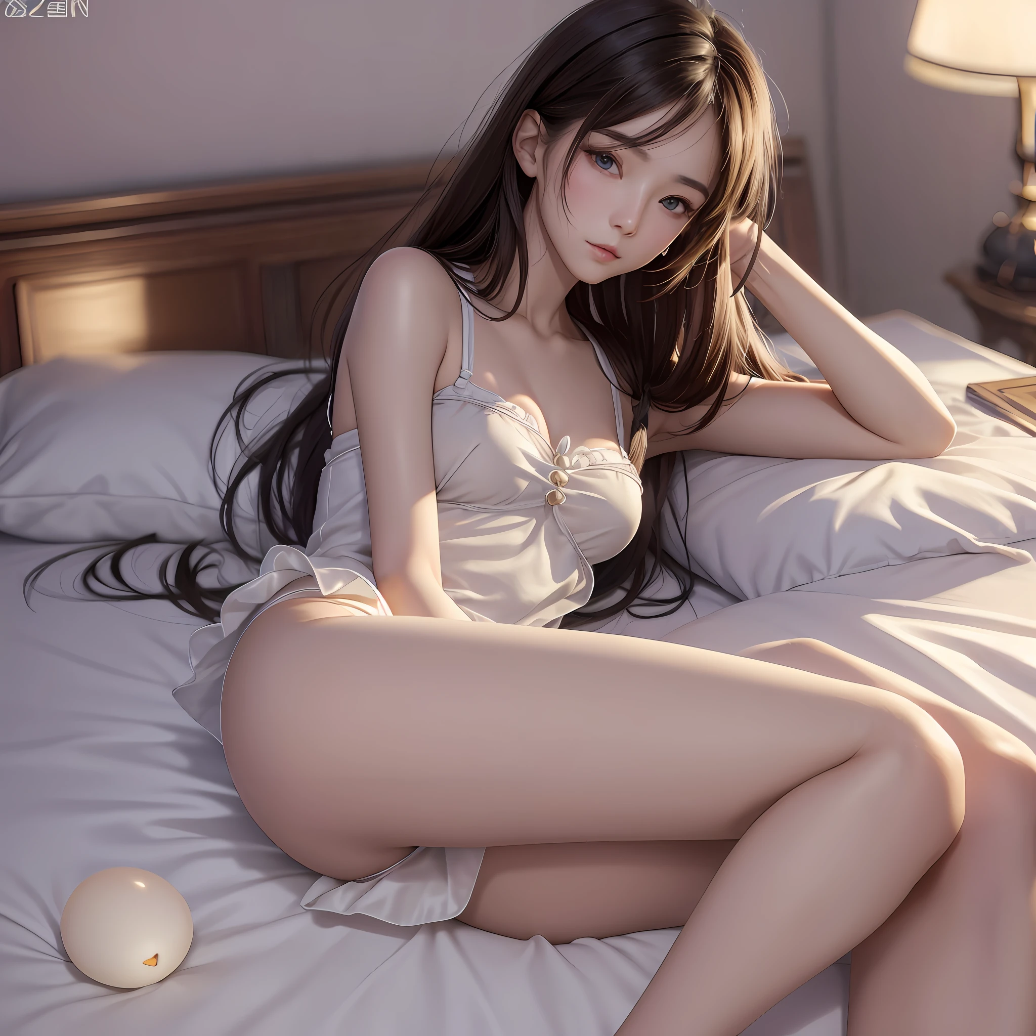 Full body, precise proportions, Chinese model, 18 years old Chinese girl, slim model lying on the side of bed, single, petite, hair fluttering in the wind, tulle, long legs, slightly open feet, buttocks, blush, shyness, collarbone, abs, double weave, chinese woman, beautiful and delicate face, fair skin, real skin, (detail face), goose egg face, pores, super high resolution, 8k, parameters Best quality, masterpiece, super high resolution, (Realistic 2.0), More details, detailed skin, white panties, brunette straight hair, beautiful eyes, asian girl, slim, fashion, cosplay girl, girlfriend, beautiful, beautiful, flowers, studio lighting --auto --s2