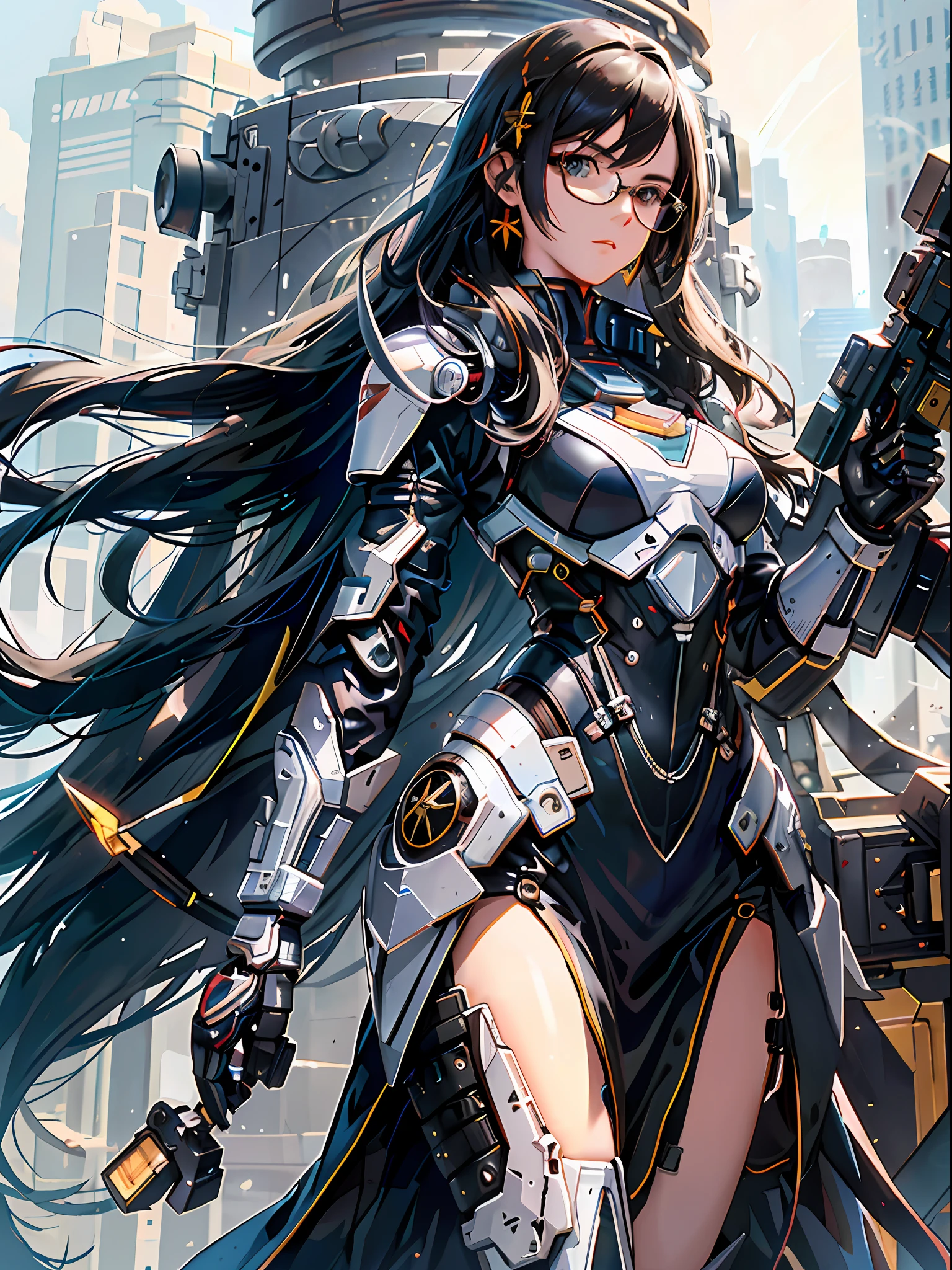 (Anime - Style woman with gun in front of the city), ((Perfect Body)), (Tight leather clothing), (Larger breasts) (Mechanized Valkyrie girl), Bezel-less glasses, (Long straight black hair), (Robotic arm), (Soft ambient light), (Camera perspective with a sense of story), (Fighting stance), OC Render, ultra HD16K, niji5, Dynamic photography, Fuji, Long photography, gundam style, Spread your wings, C4D, 3D, (Best Quality)