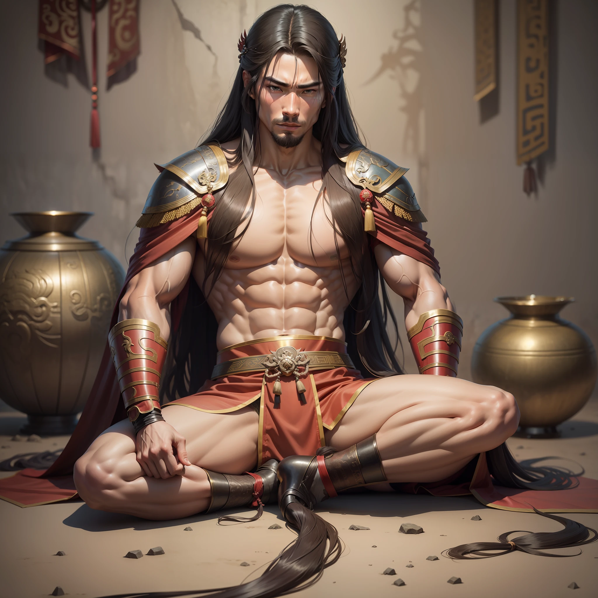 Realistic,Hot muscular Male concubine in the Han dynasty on his knees with legs spread apart, wearing an ancient revealing Chinese dress with long silky hair and masculine features with a serious face looking at the ground.Battle scars