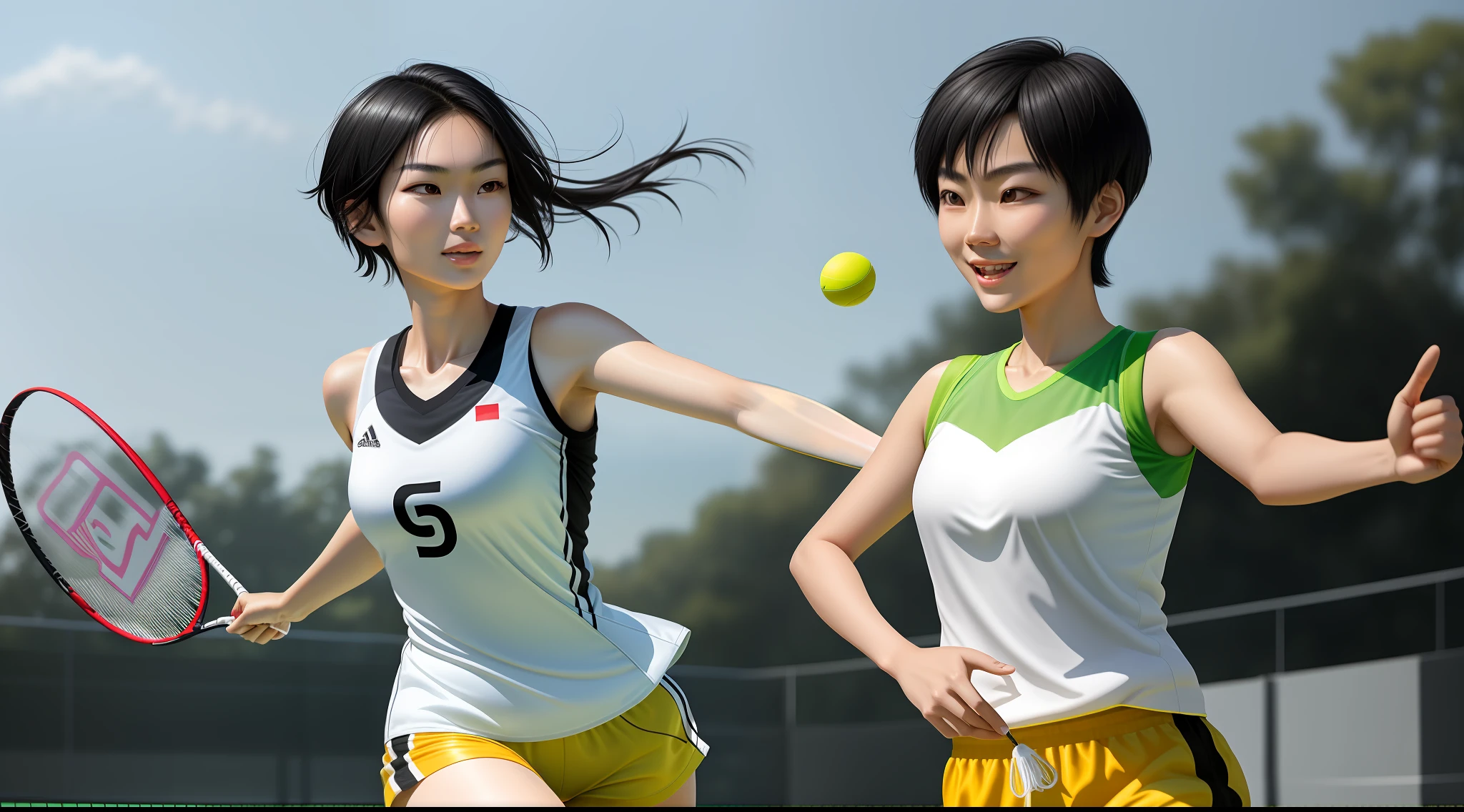 Modern Asian, beautiful, mature facial features, short black hair, black eyes, wearing sportswear, energetic, sunny and cheerful, holding a badminton racket, about 20 years old, white and tender skin