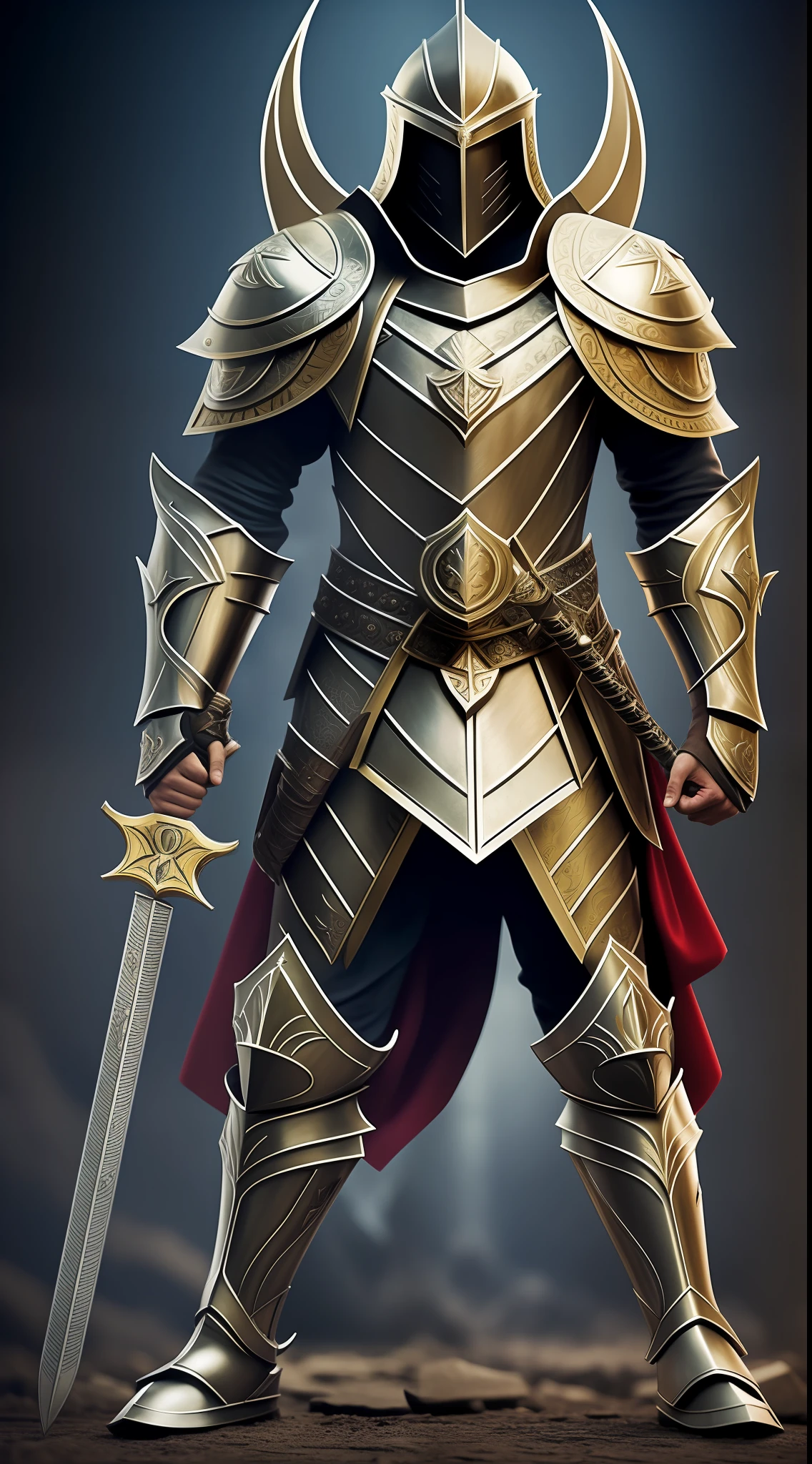 A fearless Knight Templar brandishes his sword on a chaotic battlefield. Dressed in shining armor, he is the symbol of courage and devotion. Sunlight reflects off his armor as he advances mercilessly against his opponents. His facial expression shows an unwavering determination, and his posture reveals skill and dexterity in the art of war. Amid the chaos, the Knight Templar stands out as a true protector of faith and justice. perfectly framed full body image, Surrealism, high detail, Renaissance, cinematic lighting, panorama, 8k, award winning, best quality, high details, anatomically correct, UHD, masterpiece, retina
