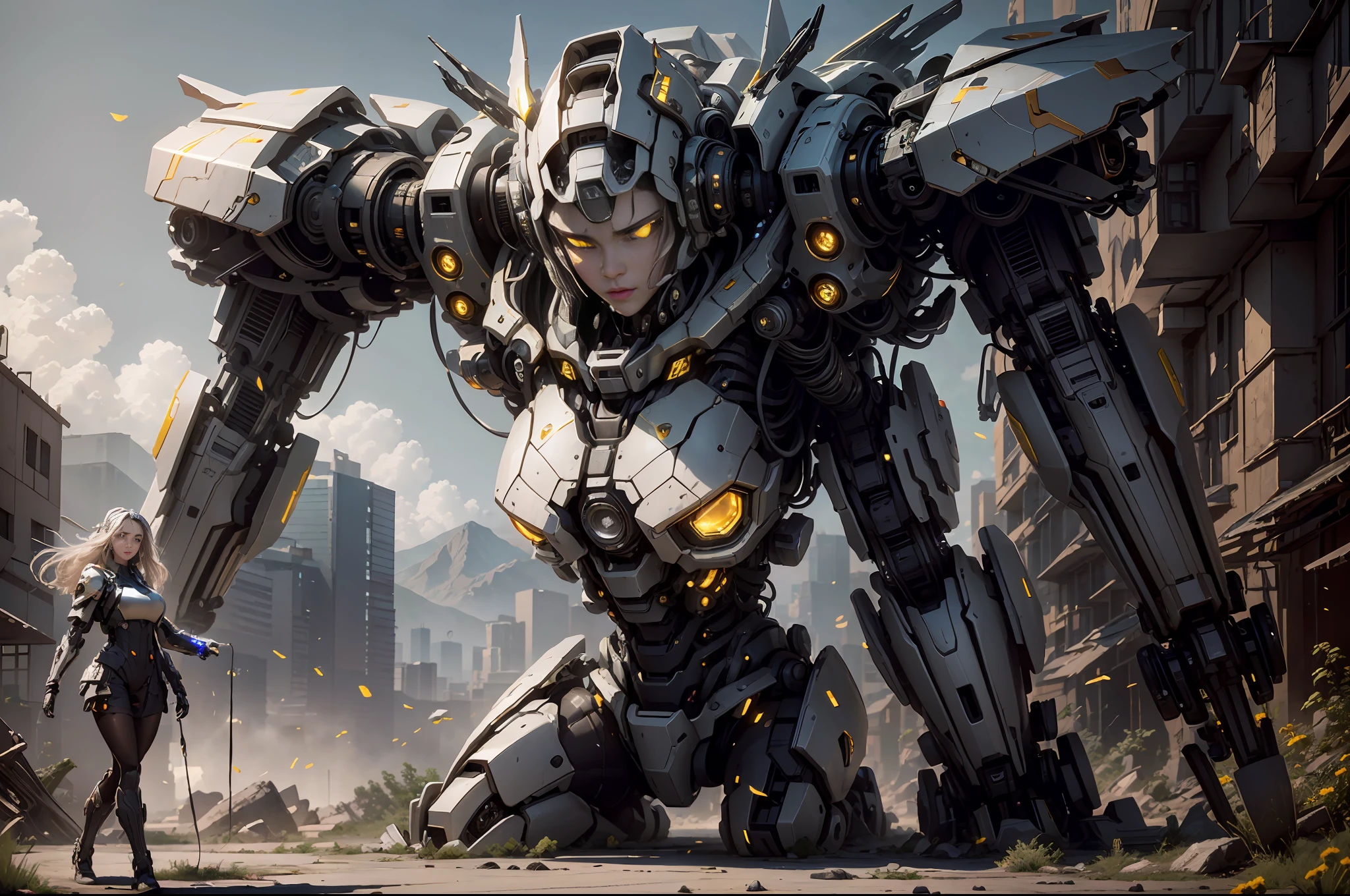 ((Best Quality)), ((Masterpiece)), (Very Detailed: 1.3), 3D, Shitu-mecha, Beautiful cyberpunk woman wearing crown with her mecha in ruins of a city in forgotten war, long silver hair, sci-fi technology, HDR (High Dynamic Range), ray tracing, nvidia RTX, super resolution, unreal 5, subsurface scattering, PBR texture, post-processing, anisotropic filtering, depth of field, maximum sharpness and sharpness, multi-layered texture, Albedo and specular mapping, surface shading, accurate simulation of light-material interactions, perfect ratios, octane rendering, duotone lighting, low ISO, white balance, rule of thirds, wide aperture, 8K RAW, high efficiency sub-pixels, subpixel convolution, luminous particles, light scattering, Tyndall effect