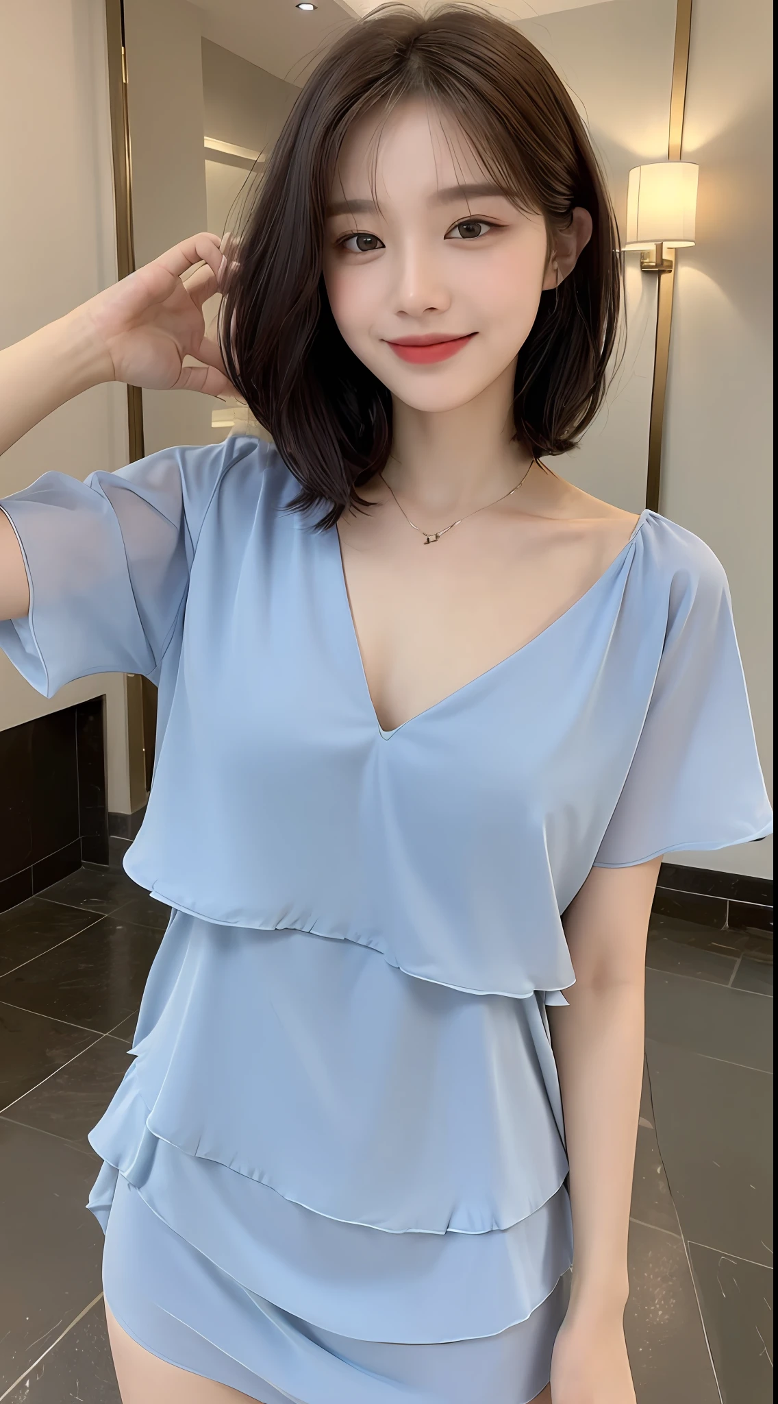 ((Top Quality, 8K, Masterpiece: 1.3)), Focus: 1.2, Perfect Body Beauty: 1.6, Ass: 1.3, ((Layered Haircut, Chest: 1.2)), (Wet Clothes: 1.1), (Night, Hotel: 1.3), Bando Dress: 1.1, Highly Detailed Face and Skin Texture, Narrow Eyes, Double Eyelids, Whitening Skin, Long Hair, (Shut Up: 1.3), Smile