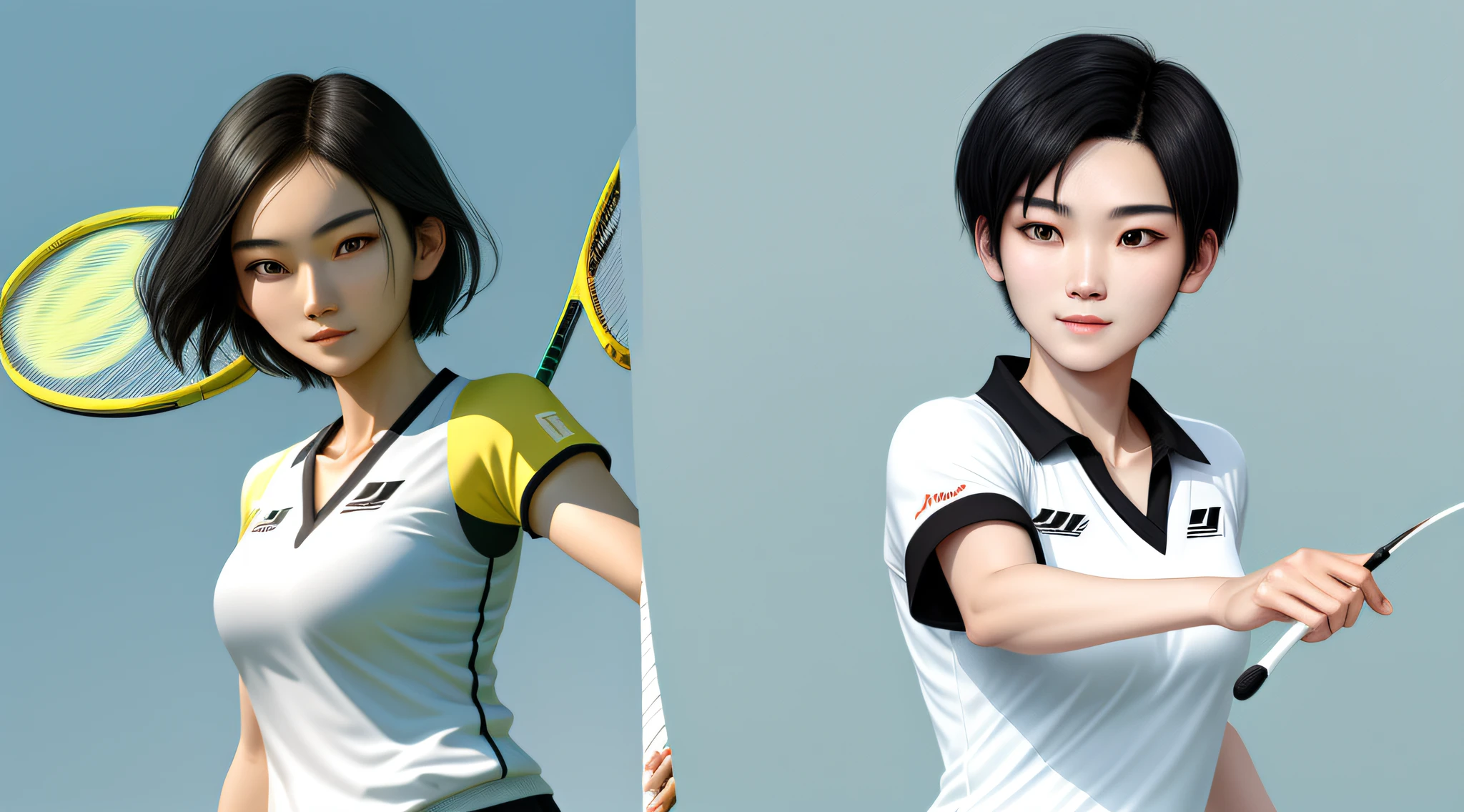 Modern Asian, beautiful, mature facial features, short black hair, black eyes, wearing sportswear, energetic, sunny and cheerful, holding a badminton racket, about 20 years old, white and tender skin