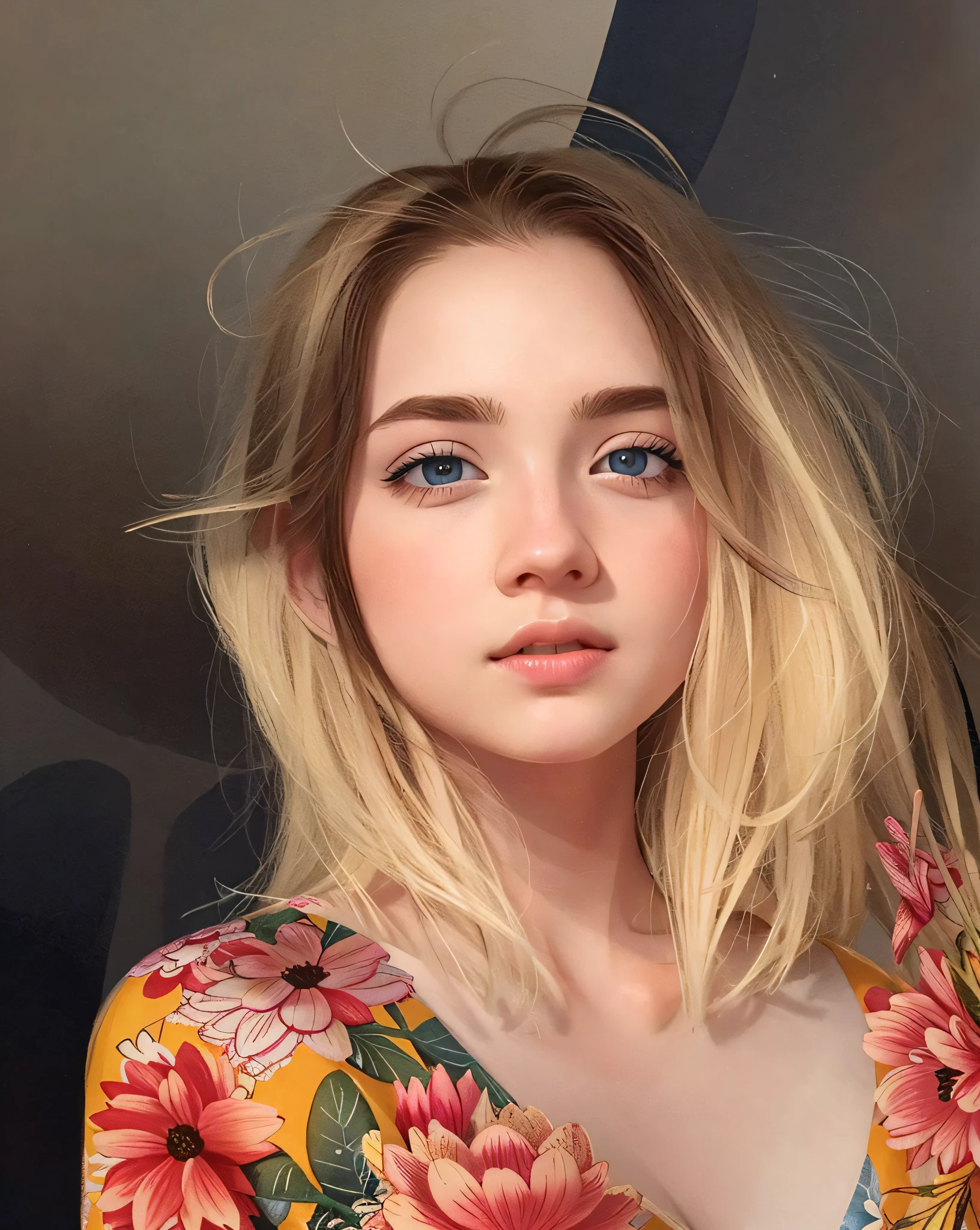 blonde with blue eyes and floral top posing for photo, brunette with dyed blonde hair, blonde hair and big eyes, 19-year-old girl, girl with blonde hair, 18 years old, portrait of a girl, beautiful blonde, long eyebrows, big eyebrows, attractive girl, 2 4-year-old female model, thick bushy straight eyebrows