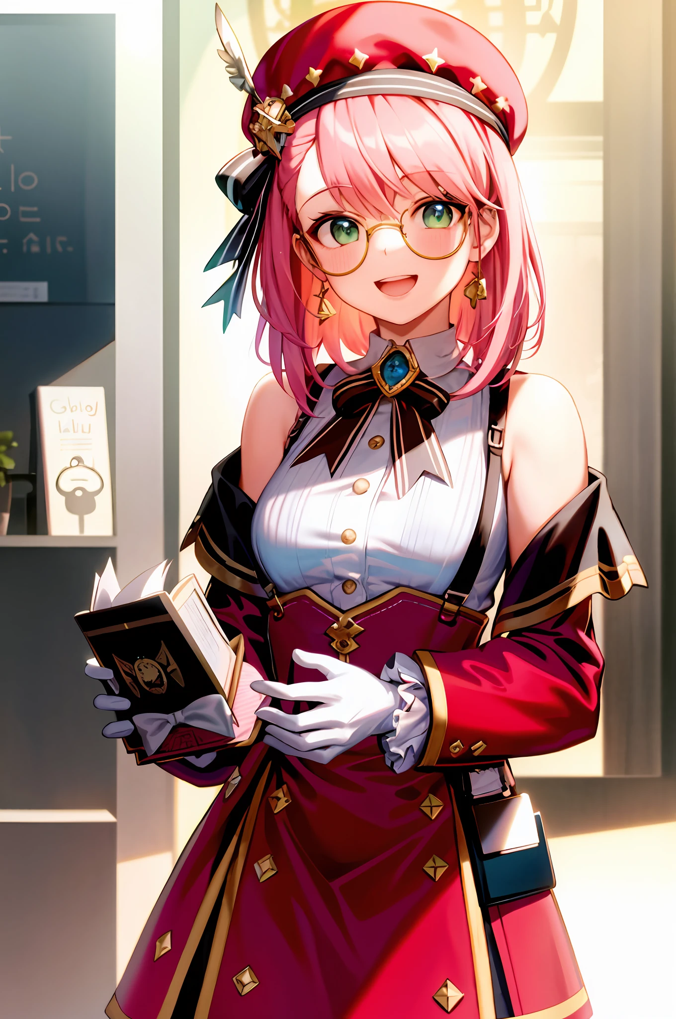 masterpiece, best quality, 1girl, holding,camera,solo, hat, pink hair, monocle, red headwear, holding, smile, gloves, open mouth, looking at viewer, white gloves, bare shoulders, bangs, hair between eyes, green eyes, shirt, :d, cabbie hat, long sleeves, upper body, bow, twitter username, upper teeth only, medium hair, white shirt, teeth, blush, sleeveless, ribbon, book, short hair, off shoulder, round eyewear, holding book, sleeveless shirt, glasses, black bow, detached sleeves, jewelry, virtual youtuber, aqua eyes