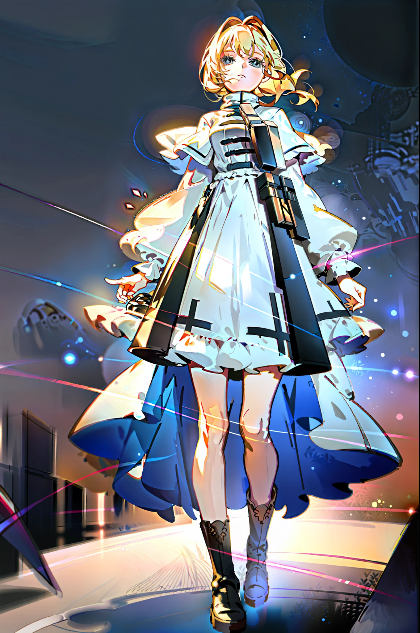 Standing around 150cm tall, there are dolls in white floating around, wearing white sci-fi style dresses, boots, blond hair, and an innocent and cute girl