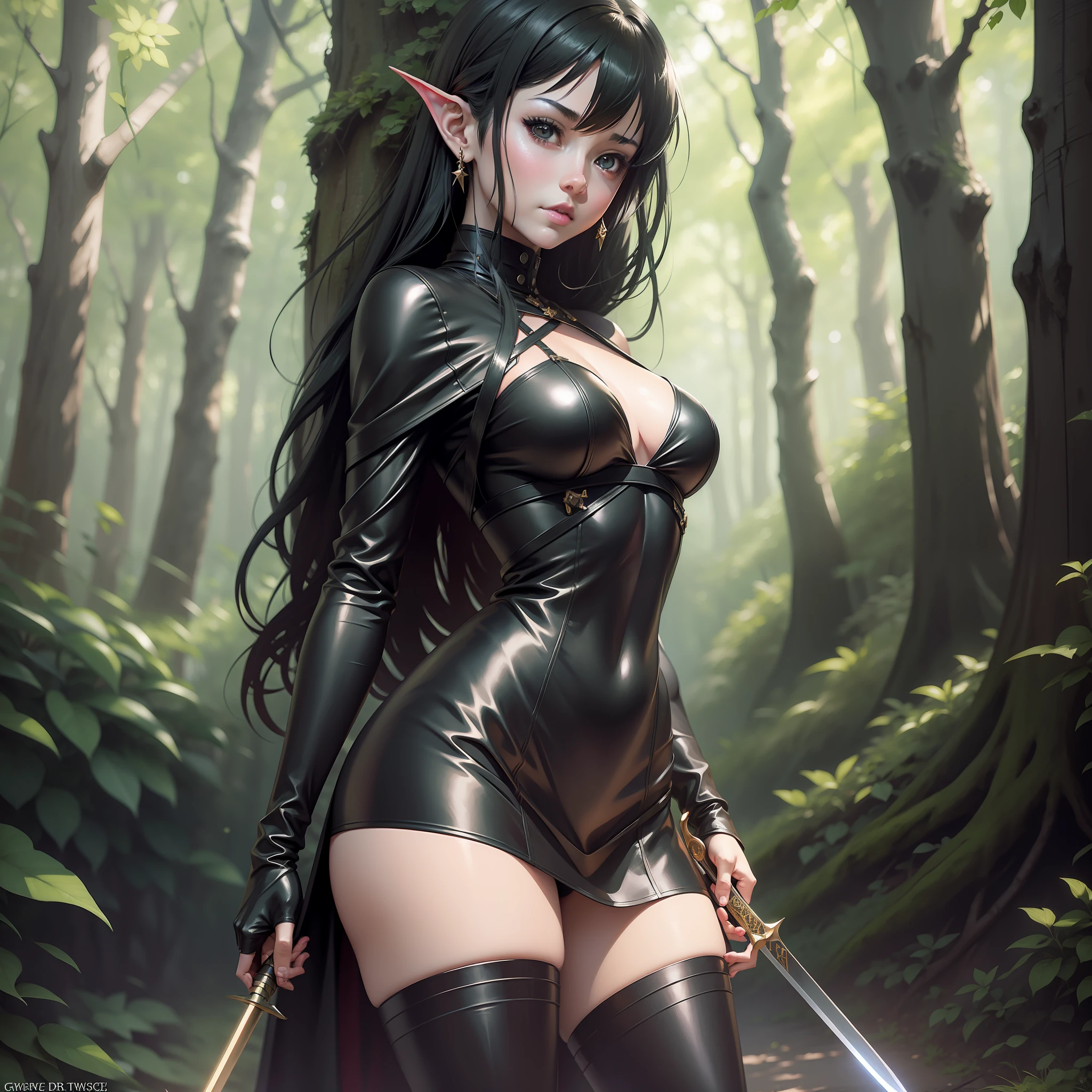 Anime girl in black leather costume holding sword in forest, small pointed ears, IG model | 5D CGI Anime Fantasy Artwork, With Sword in Both Hands, Highly Detailed Art Germ, Fan Art Best Art Station, Gwise, WLOP, ArtGerm Style Artwork, Succubus in Tight Short Dress, WLOP |