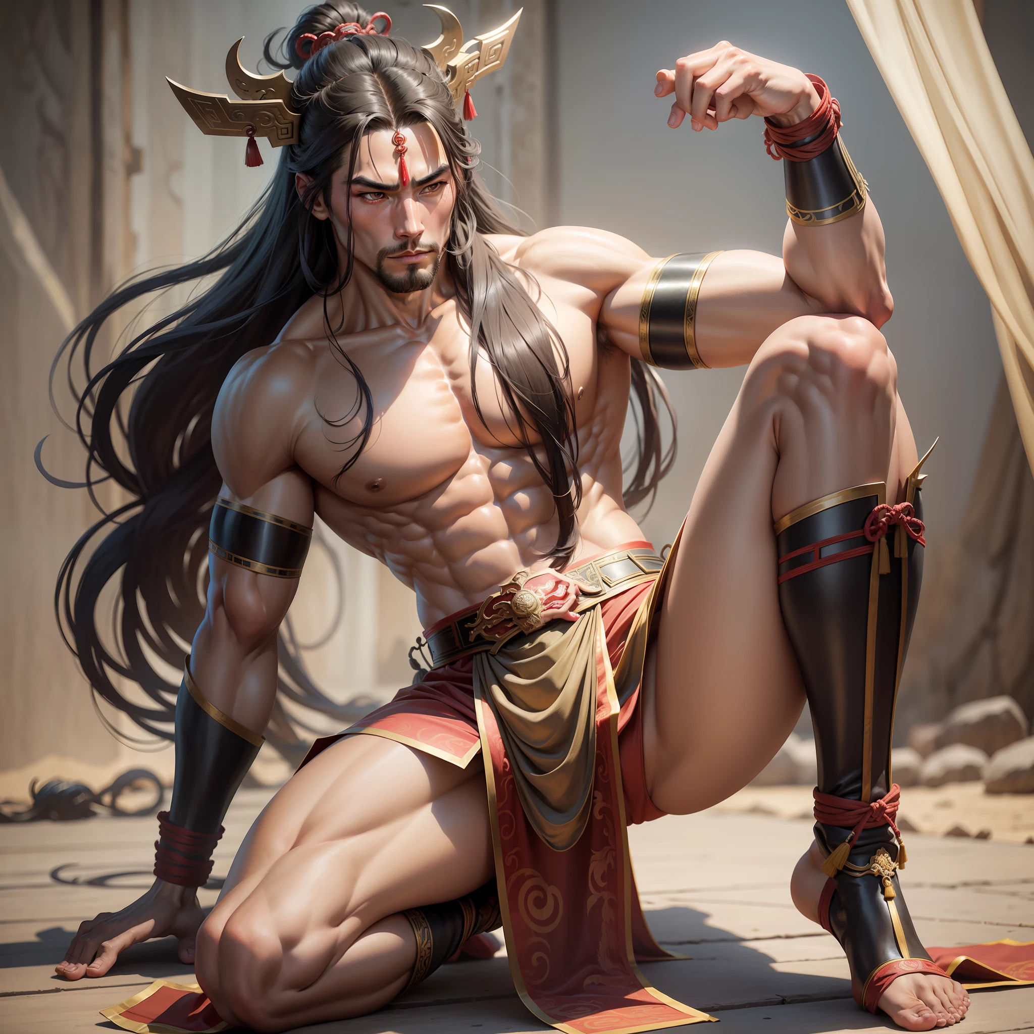Realistic,Hot muscular Male concubine in the Han dynasty on his knees with legs spread apart, wearing an ancient revealing Chinese dress with long silky hair and masculine features with a serious face looking at the ground.Battle scars