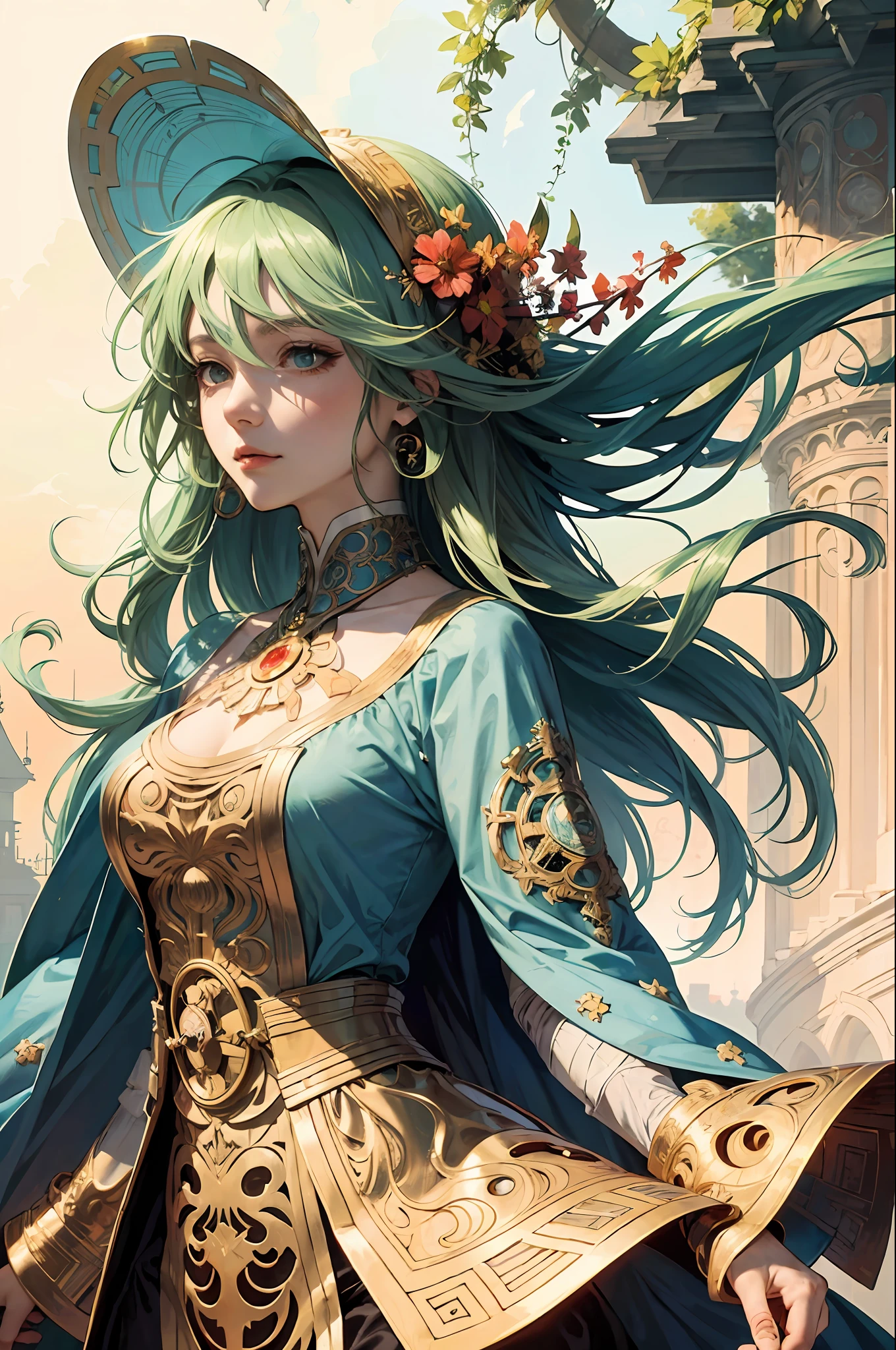 (Alphonse Mucha: 1.4), facial portrait of a European beauty, dance, long hair, red and green gradient hair flower decoration, (few clothes: 2), (detail + intricate detail: 1.2), 4K, abstract art, body is proportional, line art, side face, color, Fibonacci, Mucha style, Nami from Eiichiro Oda by One Piece, illustration, glitch
art, digital noise, Deep and charming eyes, superdetails