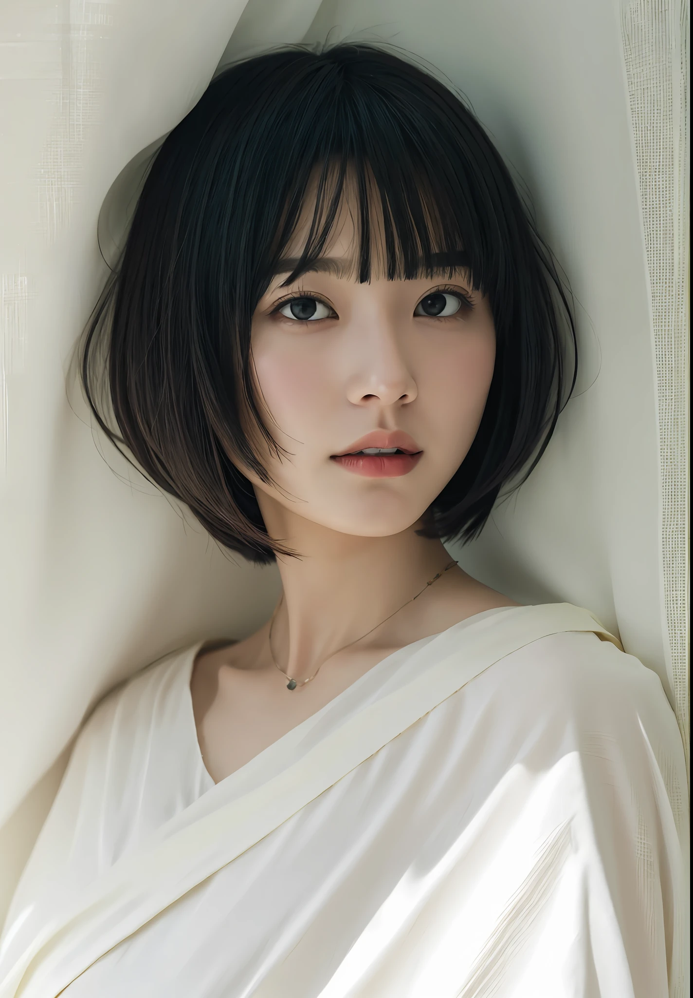 One girl, black hair, bangs, bob-cut hair, white cloth for haircut wrapped around her neck, sitting with posture straight, playhouse, plush duvet on the floor, spiritual stillness, transcendental tranquility, depth of field, Absurdres, hdr, ultra detailed illustration, highly detailed face, RAW photography, film grain, deviantart trend, night, a scene from a movie,