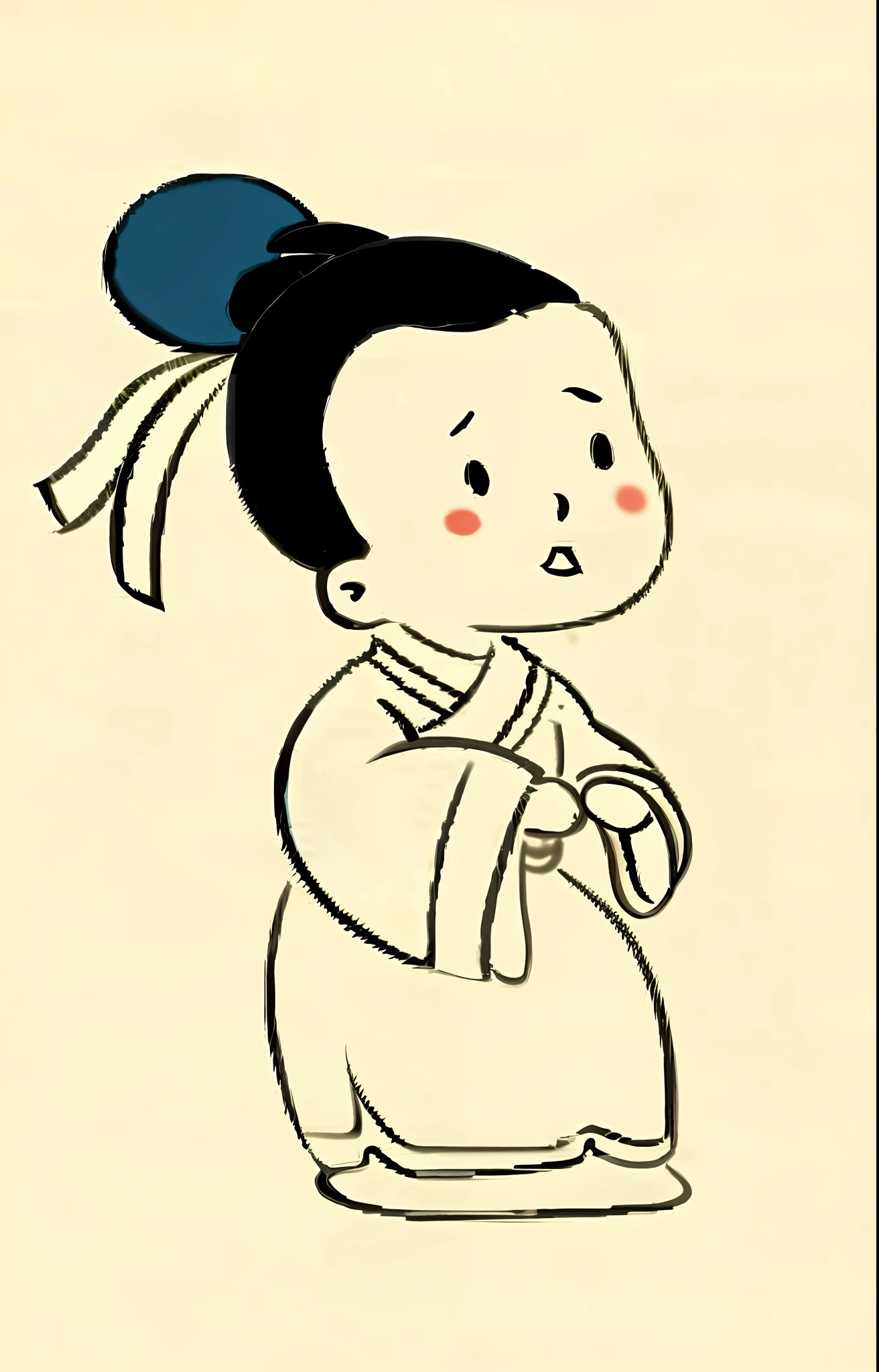 a close up of a cartoon character with a blue hat, inspired by Chen Daofu, feng shu, inspired by Qian Du, inspired by Emperor Huizong of Song, song dynasty, qiangshu, style of guo hua, in style of pan ren wei, inspired by Guan Daosheng, inspired by Gu An, inspired by Lü Ji