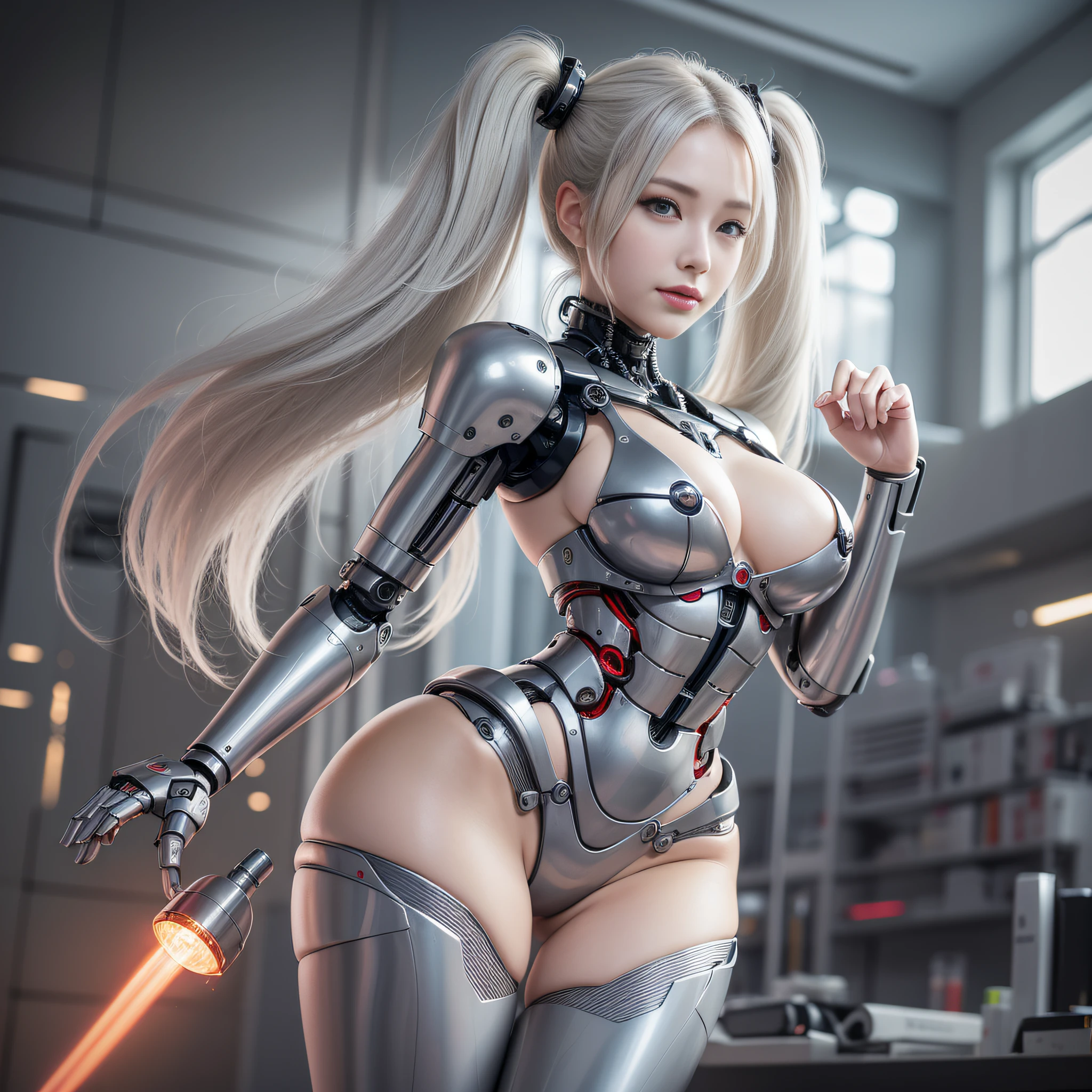 Beautiful Face,face is Japan, 1 Woman, Big, Curvaceous, (16k, RAW photo, top quality, masterpiece: 1.2), (HDR, Realistic, Photorealistic: 1.37) (tube attached to the body), (Bikini Cyborg robot parts)))), (light gray hair), Long hair, Wavy hair, Twin tails, Medium shot, ( Seductive smile)), (black eyes), princess cut,from below,(whole body),posing,,in the lab,( tube connected to blood vessel),((mechanical vertebrae attached to the back)),((mechanical neck attached to the neck)),(wire cable attached to the head and body),(character focus),science fiction,perfect female figure,perfect anatomy,ultraanatomy, Full body shot, up to 4 fingers and 1 thumb relationship,