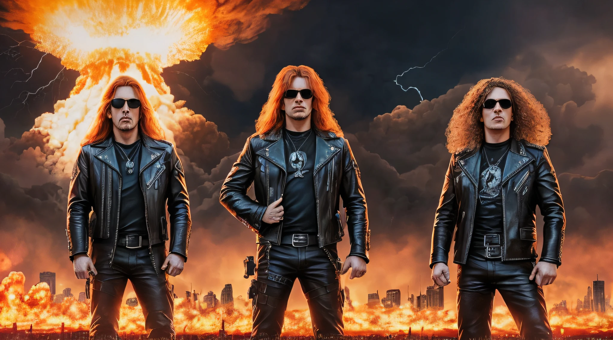 3 boys in leather clothes standing in front of a big explosion, close up, portrait style, hellish, LIGHTNING, Heavy metal promo band, Thrash metal, Heavy Rock promo band photo, Arch Enemy, Burning in Hell, New Wave of British Heavy Metal, Long Blonde Flaming Hair, Heavy Metal The Movie, Destruction, Slayer, 2 0 0 6 Advertising Promo Shot,  Proto - Metal Band Promo, Megadeth, death metal, Nuclear explosion over a city with a big mushroom cloud, nuclear bomb explosion, nuclear bomb explosion, nuclear explosion, nuclear mushroom cloud, nuclear attack, nuclear apocalypse, mushroom cloud on the horizon, huge nuclear mushroom cloud, nuclear explosion background, nuclear cloud, nuclear bomb, nuclear explosion on the horizon,  Nuclear explosions paint the sky, nuclear war, mushroom cloud in the background