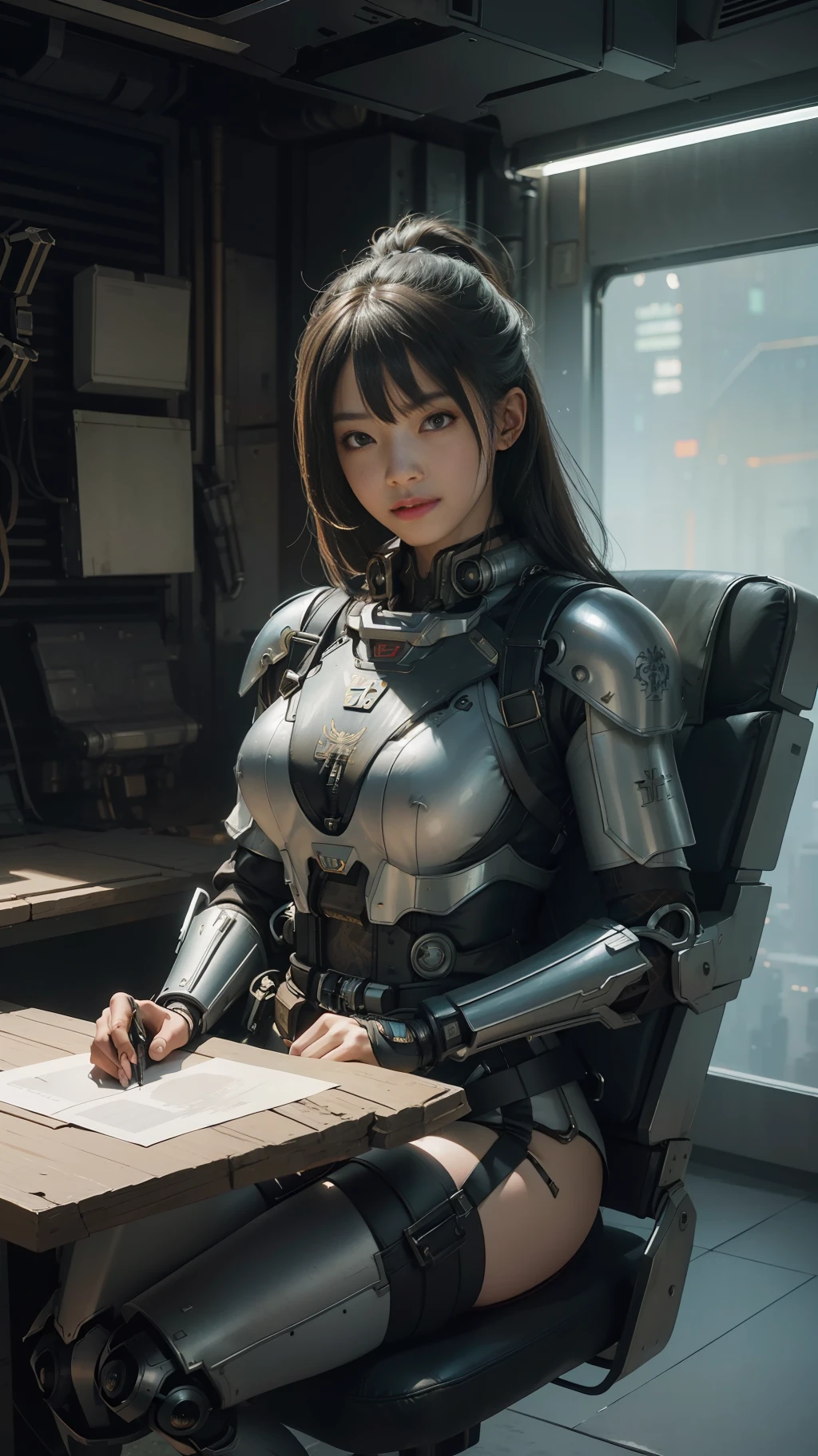 Beautiful hyperrealistic photograph of cute smiling asian cyberpunk female, (((wearing full heavy mecha armor, combat harness, sword))) shapeless cyberpunk hairstyle, (((sitting in chair pose))), interior of tank background, abstract beauty, near perfection, pure form, Golden Ratio, concept art, By Brian Froud and Carne Griffiths and Wadim Kashin, intricate detail, 8k post-production, High resolution, super Detail, trending on ArtStation, sharp focus, studio photos, intricate detail, Very detailed, By Greg Rutkowski