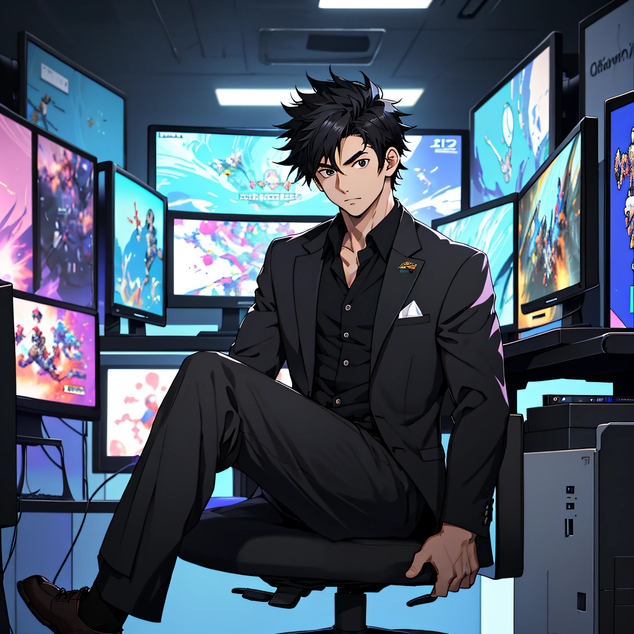 Best quality: 1.0), (Super High Resolution: 1.0), Anime boy, short black hair, black eyes, black suit, sitting in front of the computer playing games, background in the esports room,
