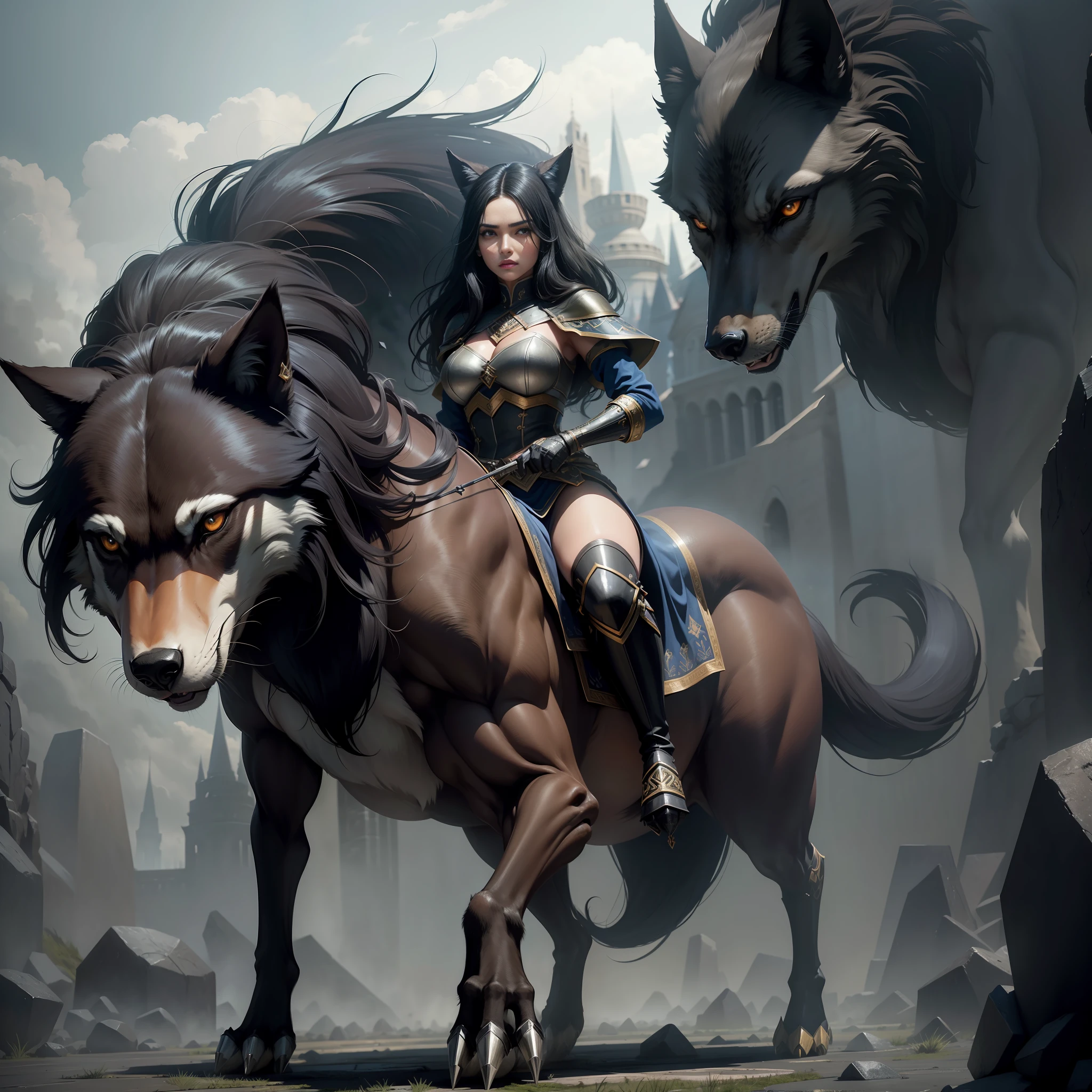 beautiful woman, black hair, symmetrical, perfect, mounted on top of a wolf, giant, stepping on stone, diamond, with small steps, lurking on the battlefield. realistic image, high quality 4k, realistic image