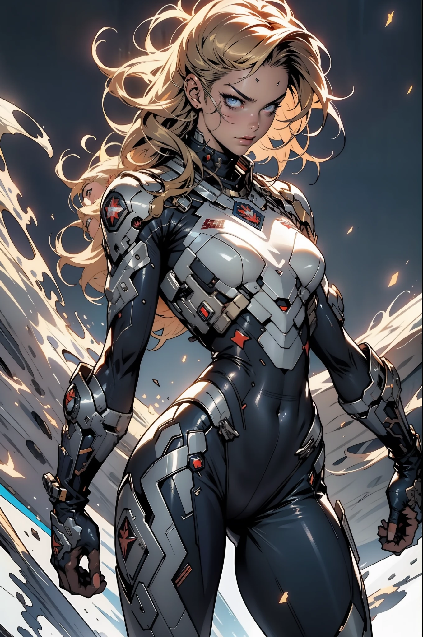 (((woman))), (((best quality))), (((masterpiece))), (((adult))), (((full body)))), A muscular 35-year-old full-body warrior perfect body, almost naked in Simon Bisley's urban savage style for the cover of Heavy Metal magazine, blonde hair, Minimal clothing, armor (dark blue with white stars), full of ink-stained spikes and rivets, 5-pointed star tattoo, (((full body)))