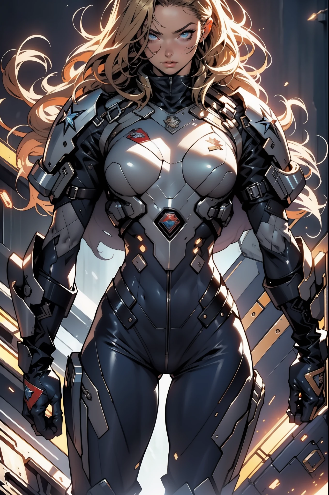 (((woman))), (((best quality))), (((masterpiece))), (((adult))), (((full body)))), A muscular 35-year-old full-body warrior perfect body, almost naked in Simon Bisley's urban savage style for the cover of Heavy Metal magazine, blonde hair, Minimal clothing, armor (dark blue with white stars), full of ink-stained spikes and rivets, 5-pointed star tattoo, (((full body)))