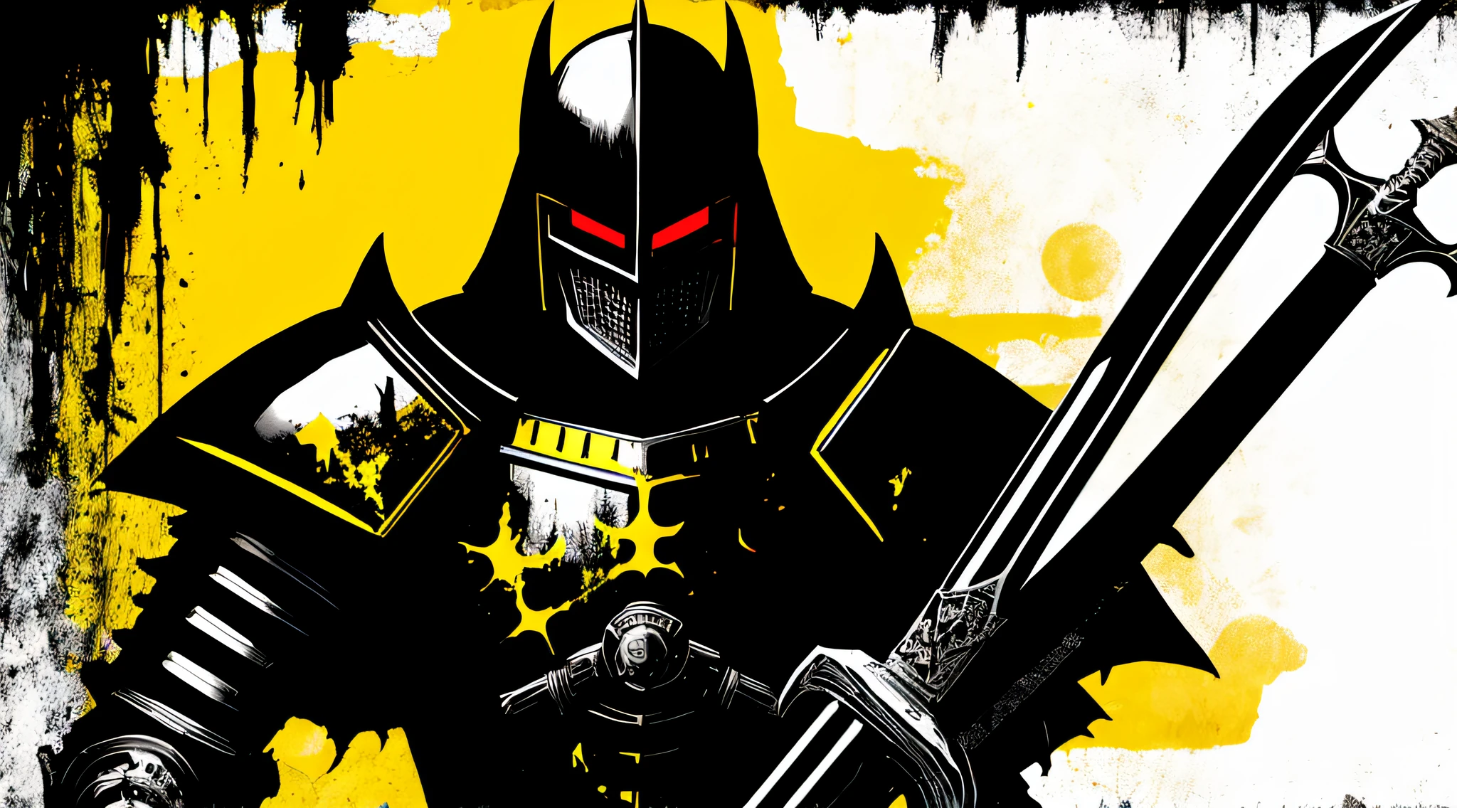 yellow and black, a medieval dark knight with a large sword, in the style of Mork Borg, strong contrast, grunge dirty punk splash art, black metal zine