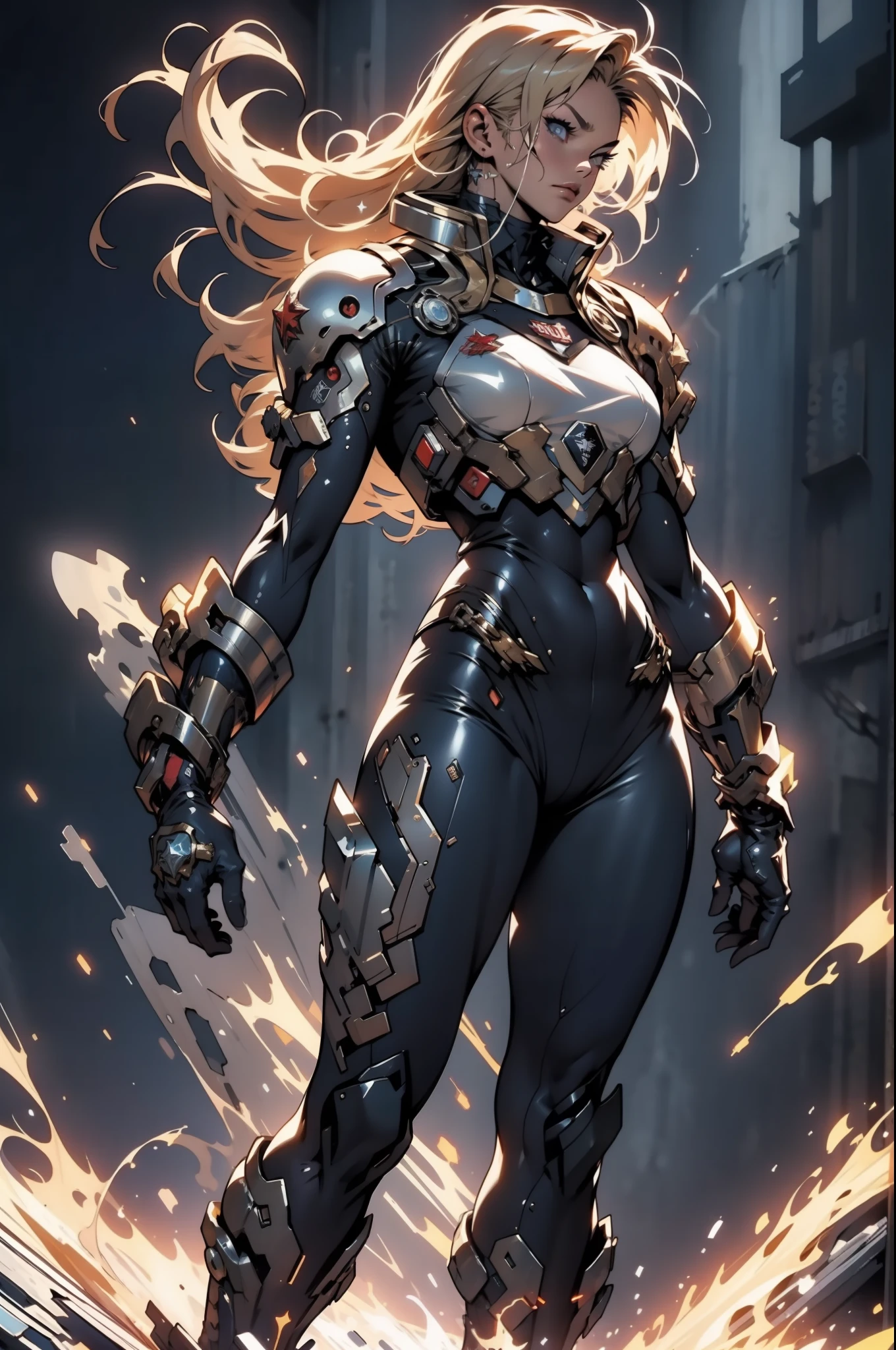 (((woman))), (((best quality))), (((masterpiece))), (((adult))), (((full body)))), A muscular 35-year-old full-body warrior perfect body, almost naked in Simon Bisley's urban savage style for the cover of Heavy Metal magazine, blonde hair, Minimal clothing, armor (dark blue with white stars), full of ink-stained spikes and rivets, 5-pointed star tattoo, (((full body)))